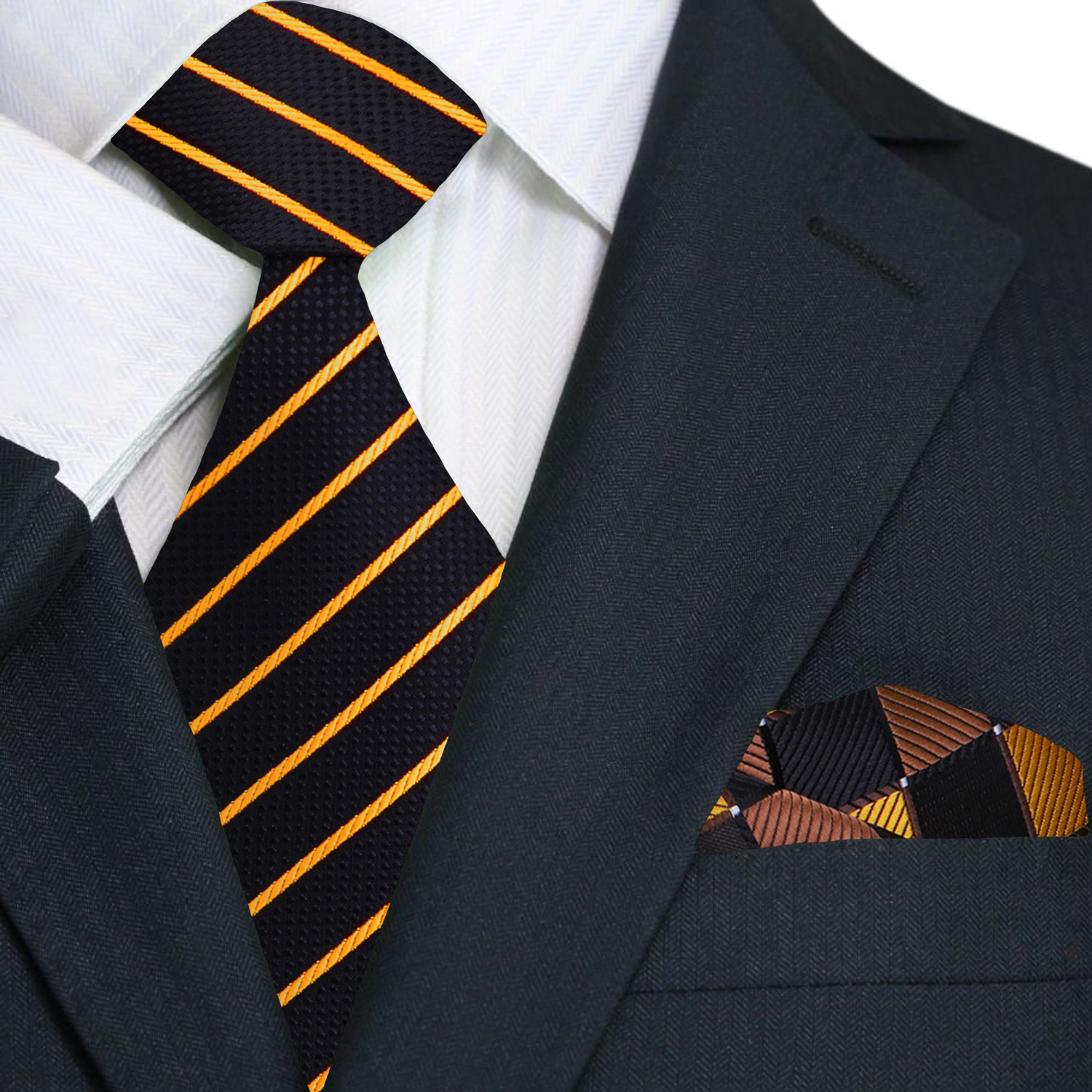 Model wearing black tie with gold accents paired with crisp white shirt and tailored black blazer