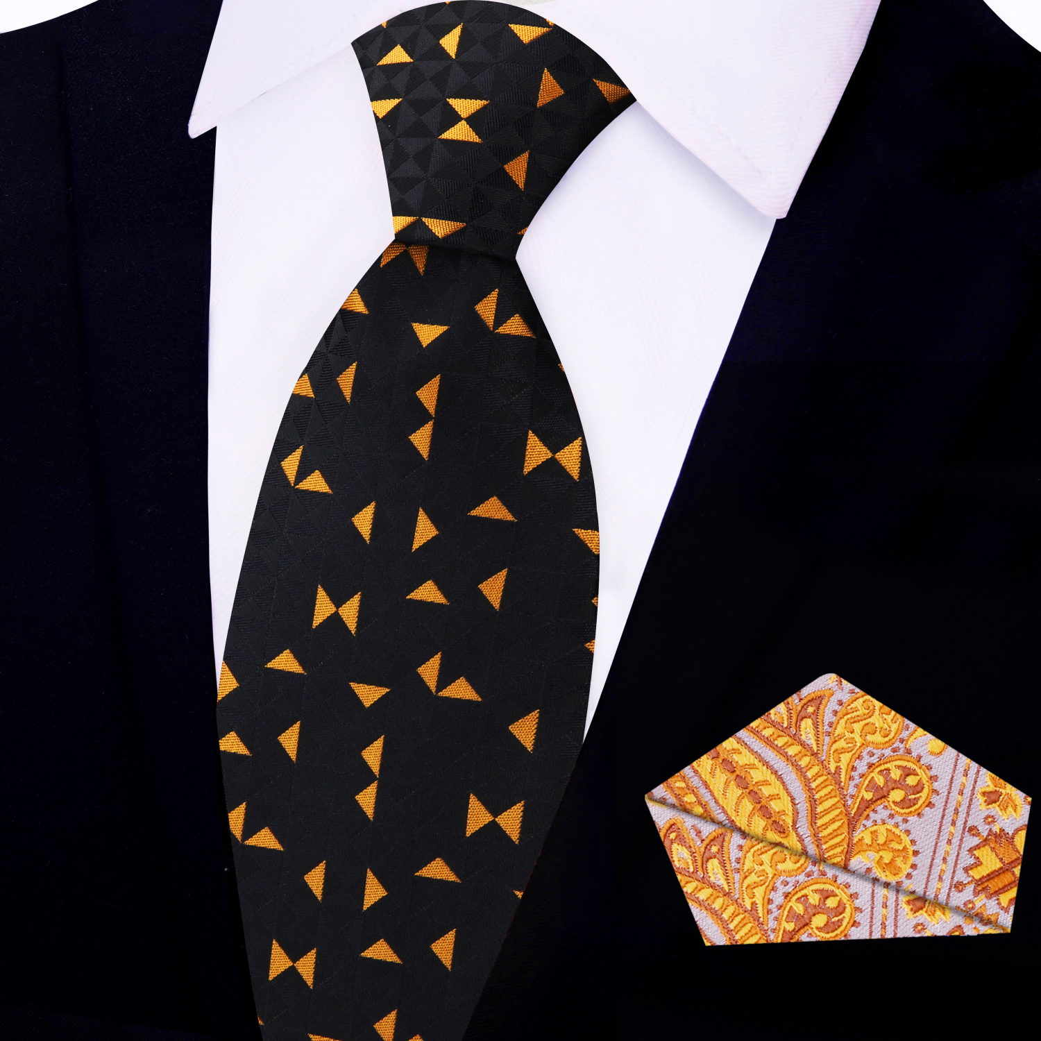 Man wearing black silk necktie with orange triangles at a wedding reception