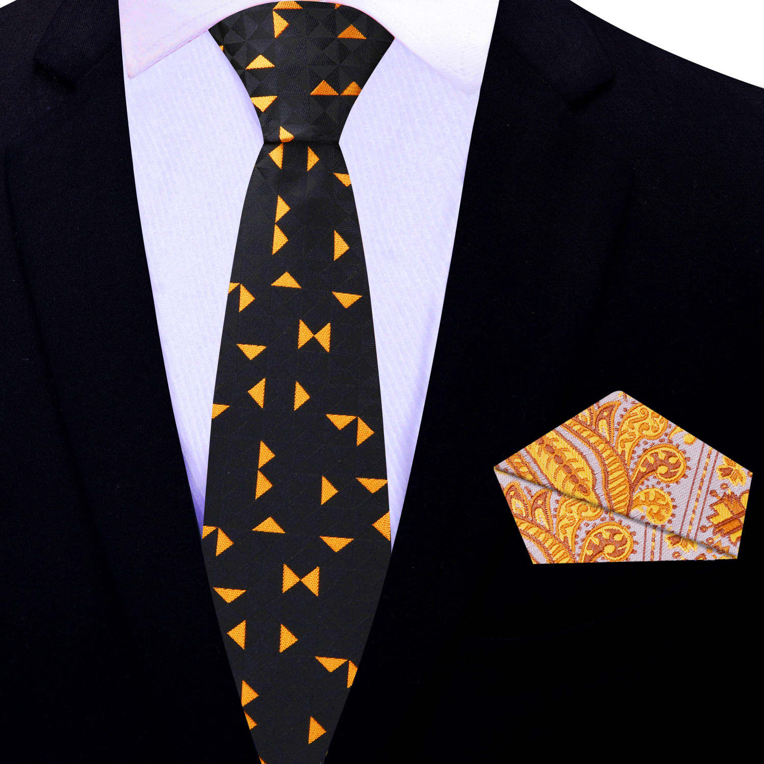 Elegant black silk tie with orange triangle design paired with a white dress shirt