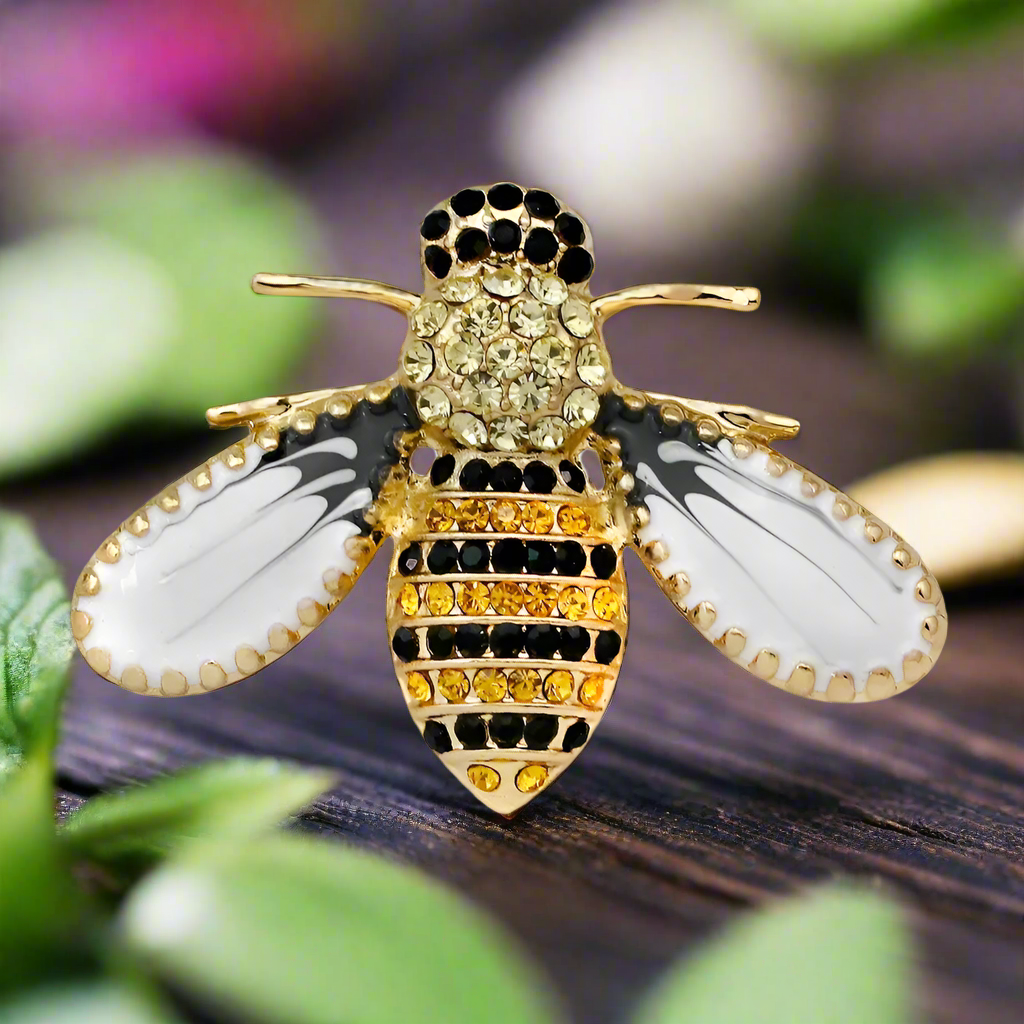 Close-up view of the elegant honey bee brooch showcasing intricate details