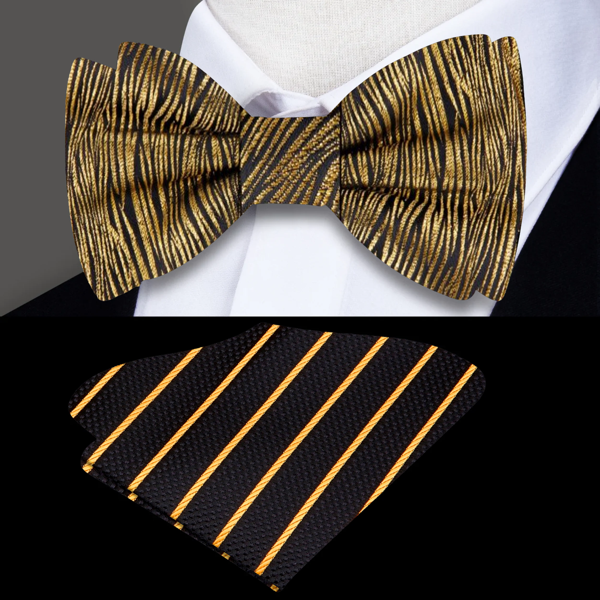 Black silk bow tie with metallic gold zebra pattern on a model's neck