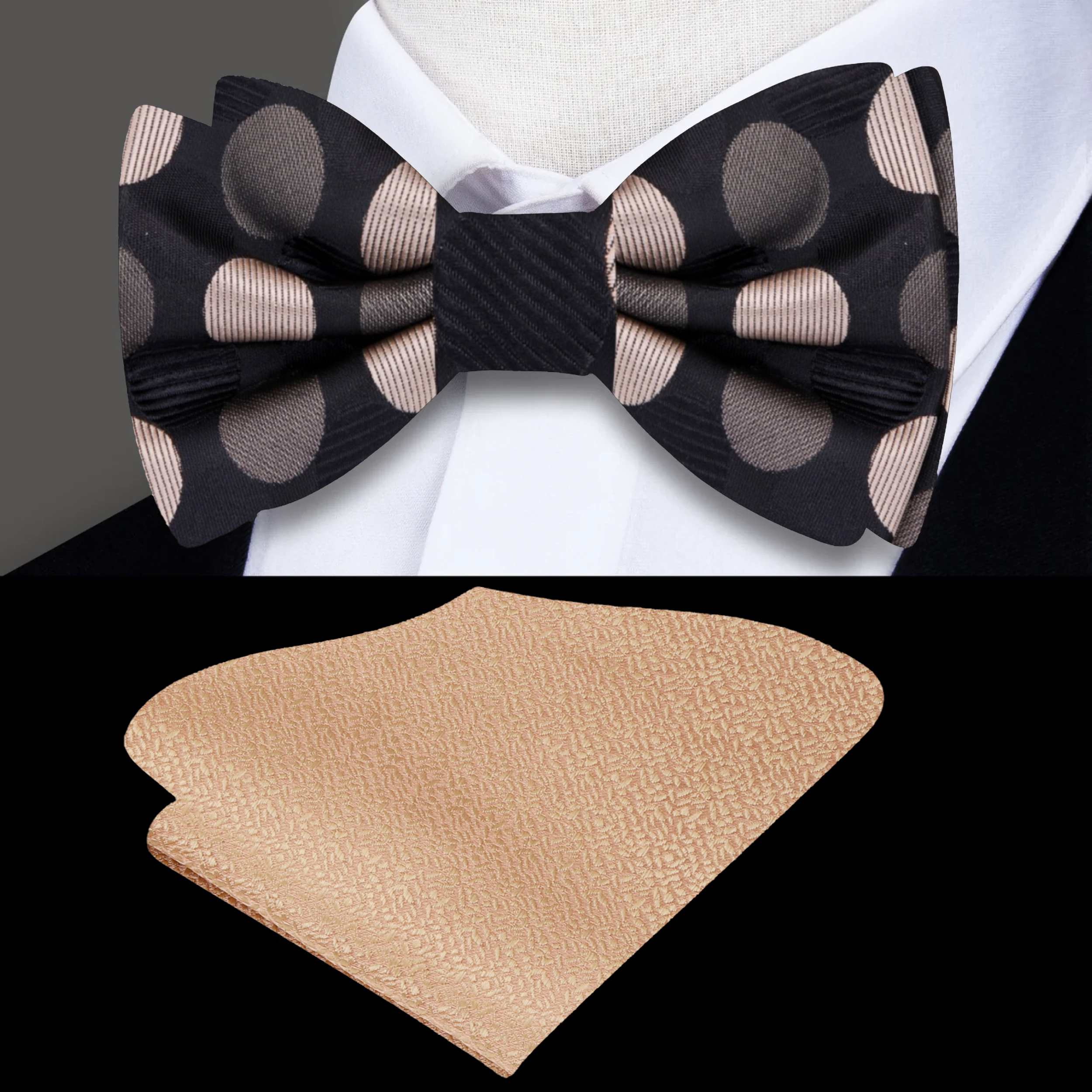 Elegant gold accented polka dot silk bow tie displayed on a suit