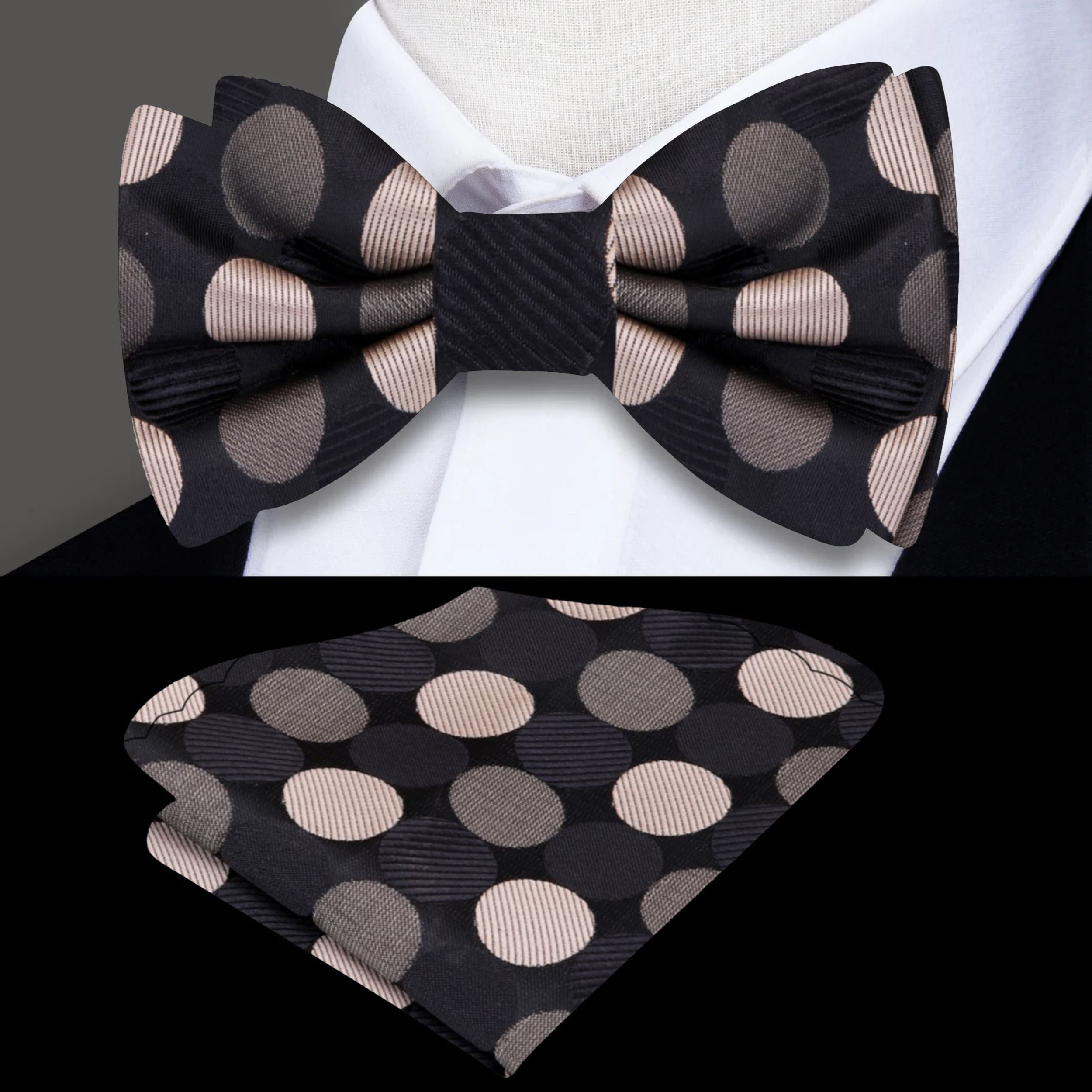 Model wearing the adjustable self-tie polka dot bow tie at a formal event