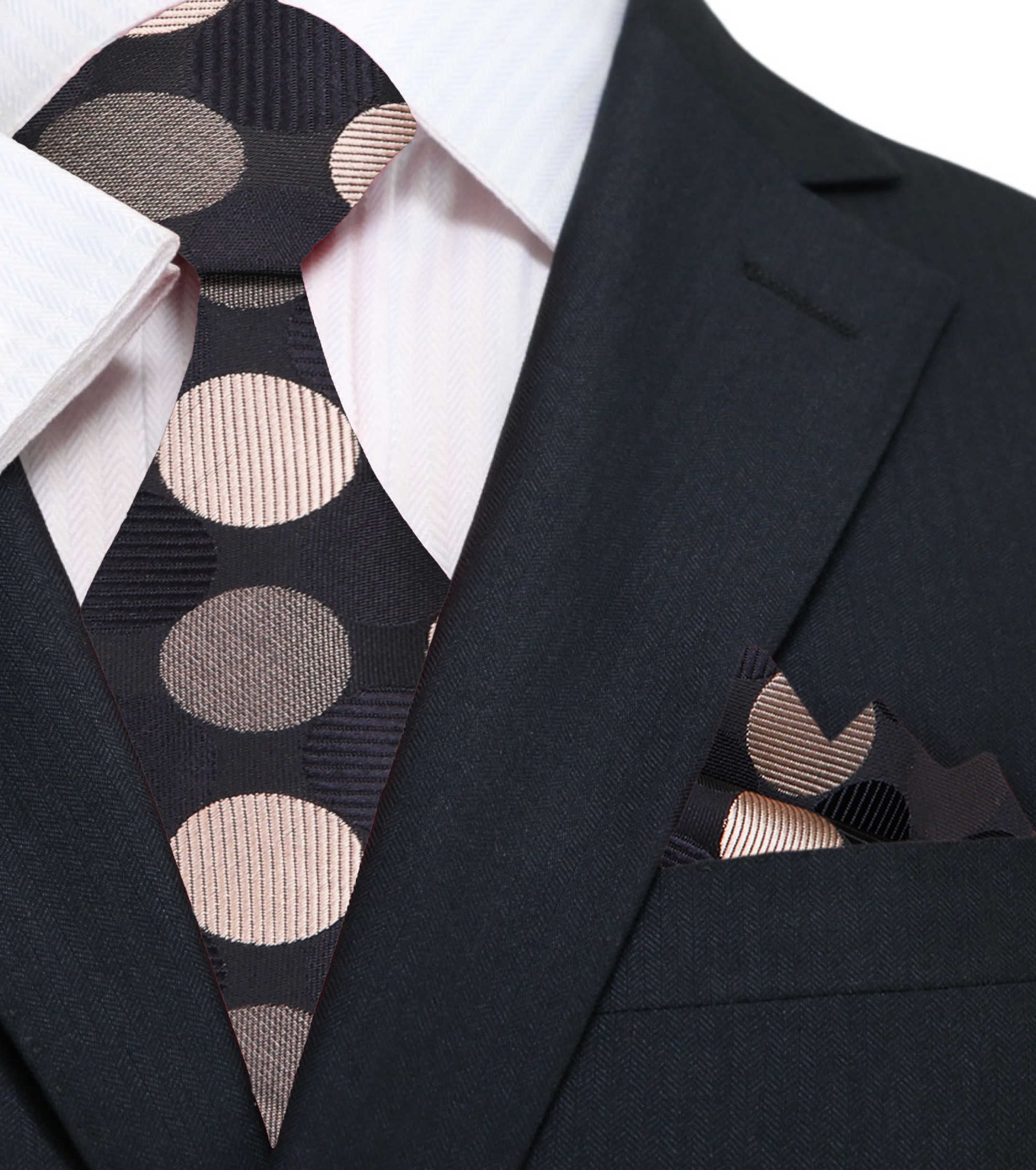 Close-up of the vibrant polka dot silk necktie, emphasizing the texture and quality of the fabric.