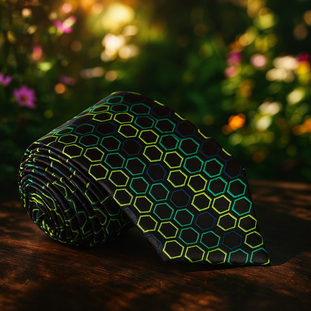 Close-up of the vibrant green honeycomb silk tie on a black suit, highlighting its geometric pattern.