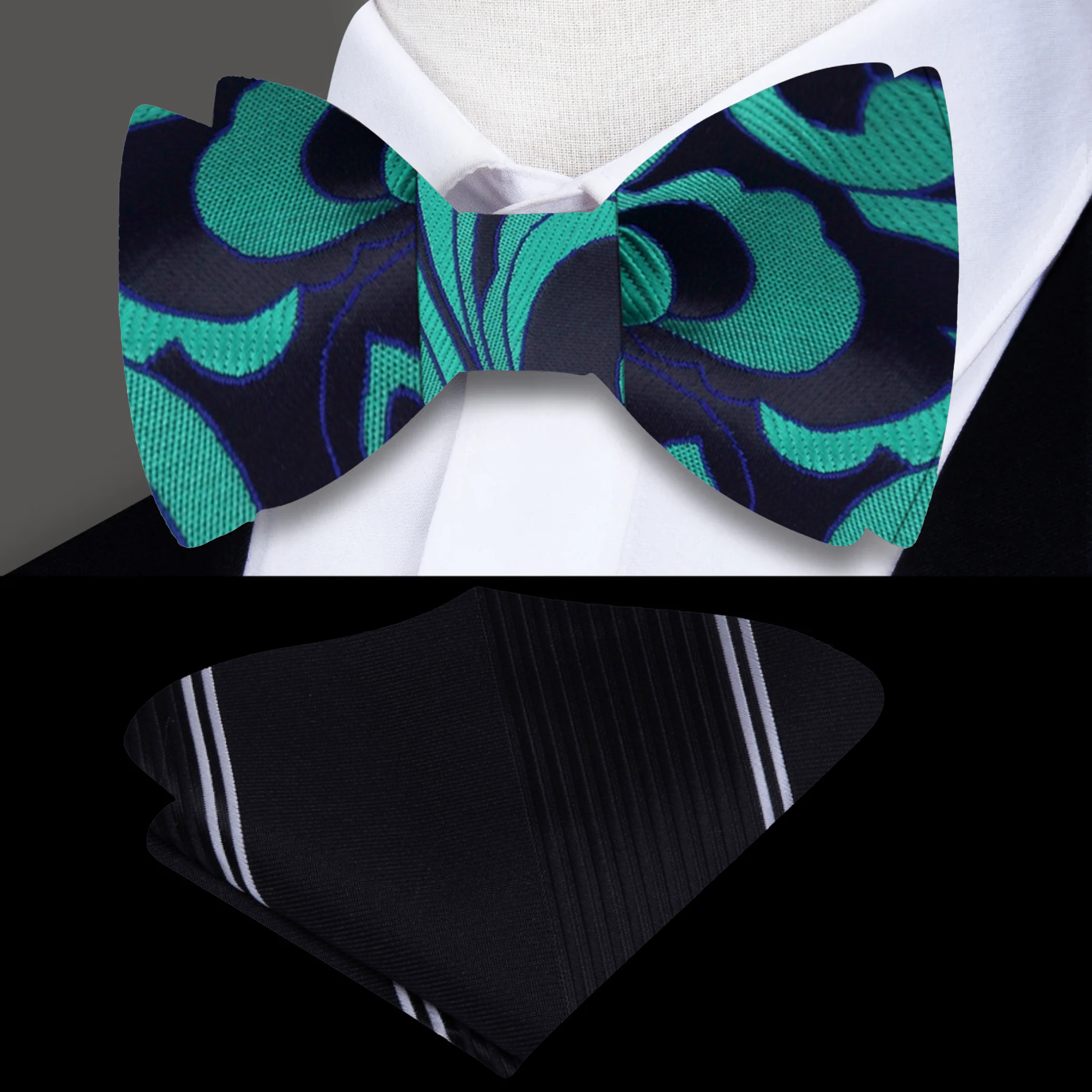 Black and green self tie bow tie with detailed pattern, ideal for weddings