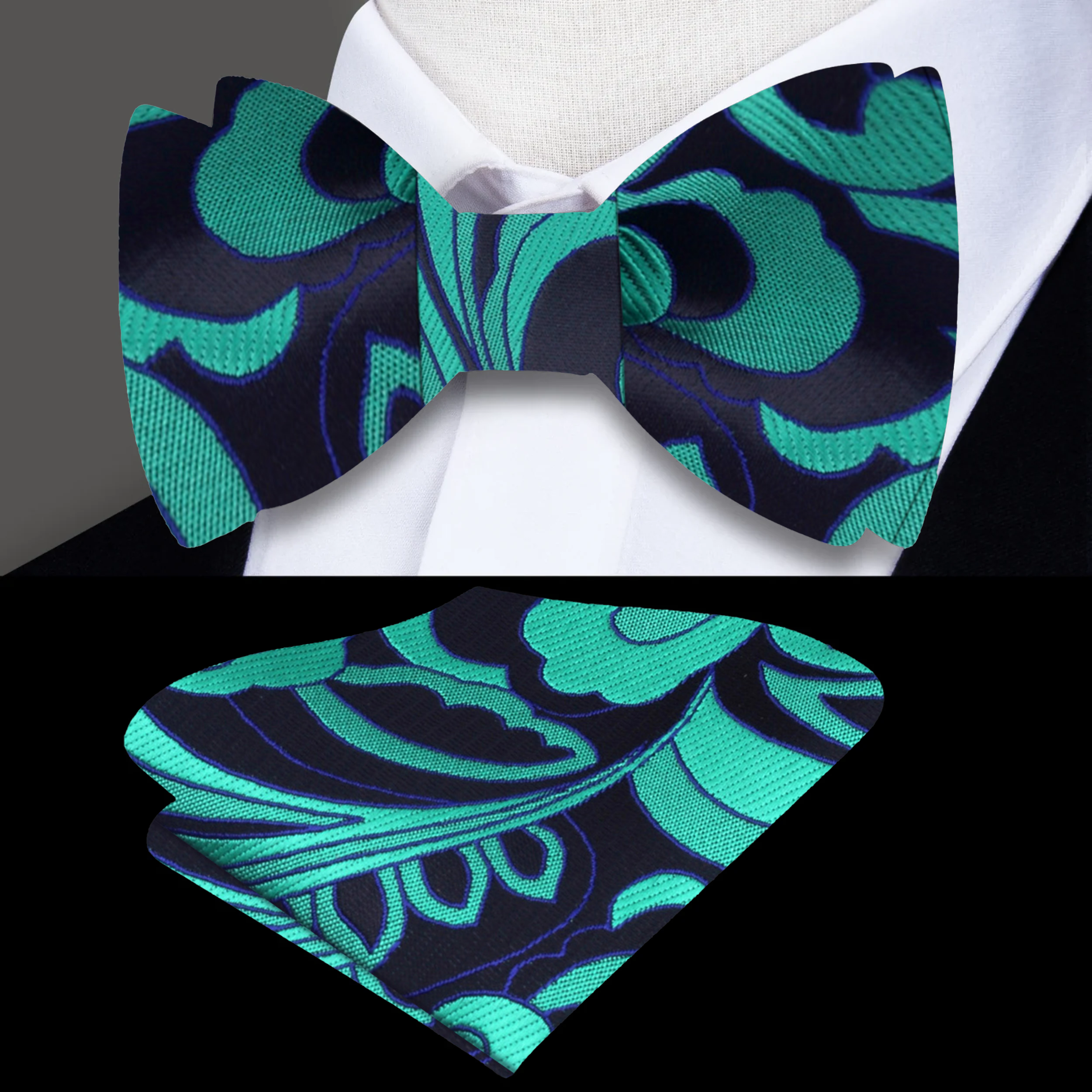 Model wearing Mossmere self tie bow tie with white shirt for formal event