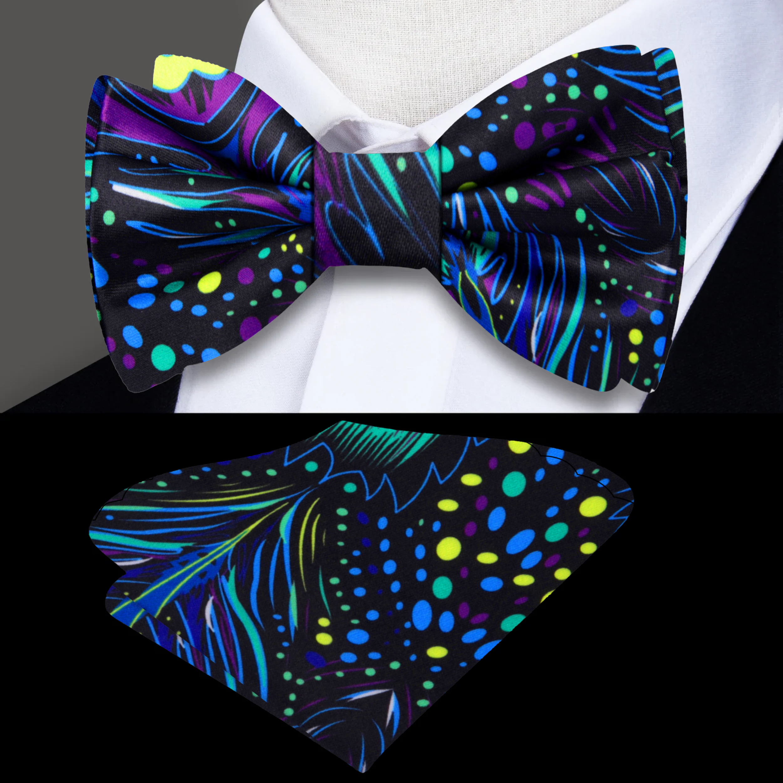 Close-up of the peacock pattern bow tie showing the intricate design.
