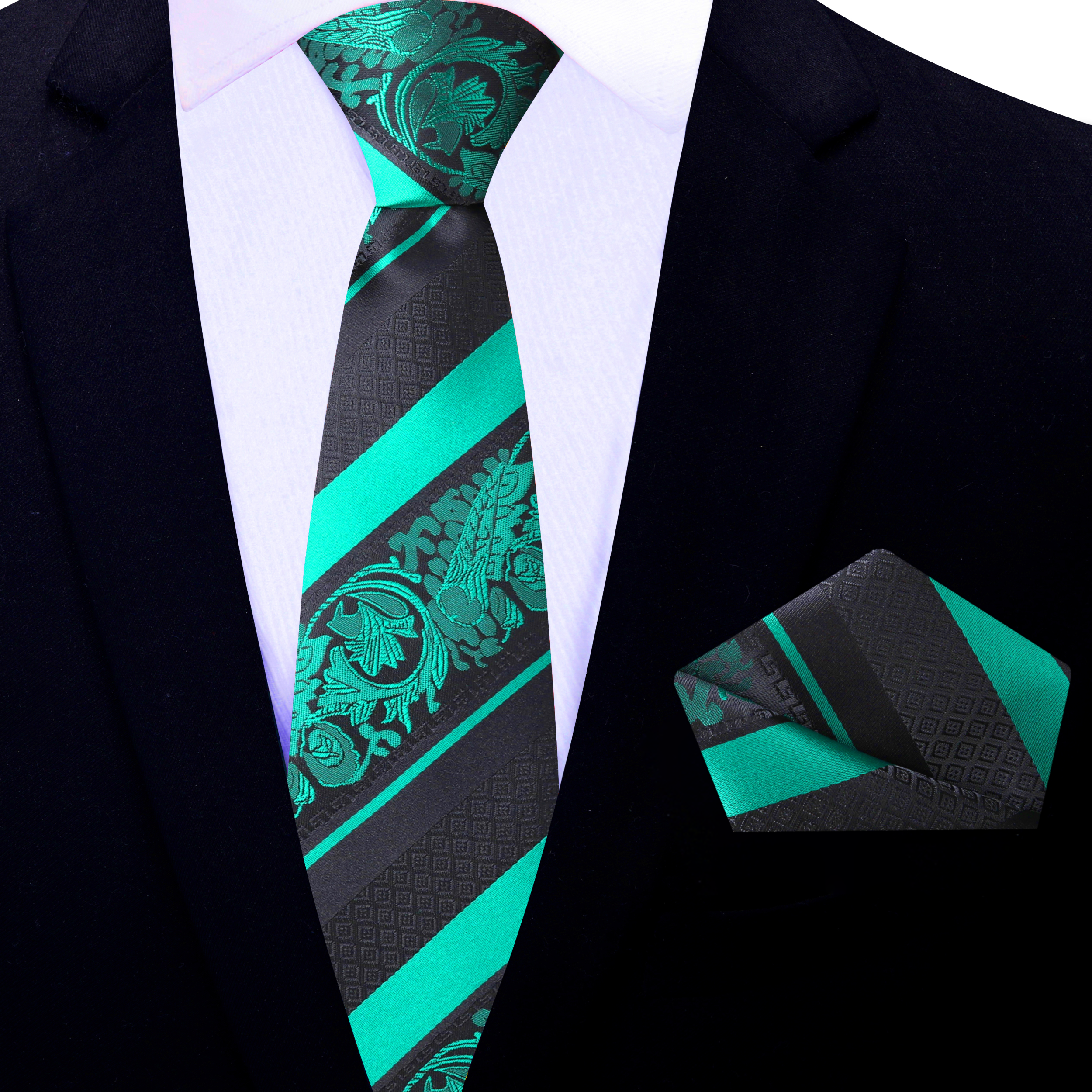 Close-up of the rich green silk necktie showcasing its intricate floral pattern.