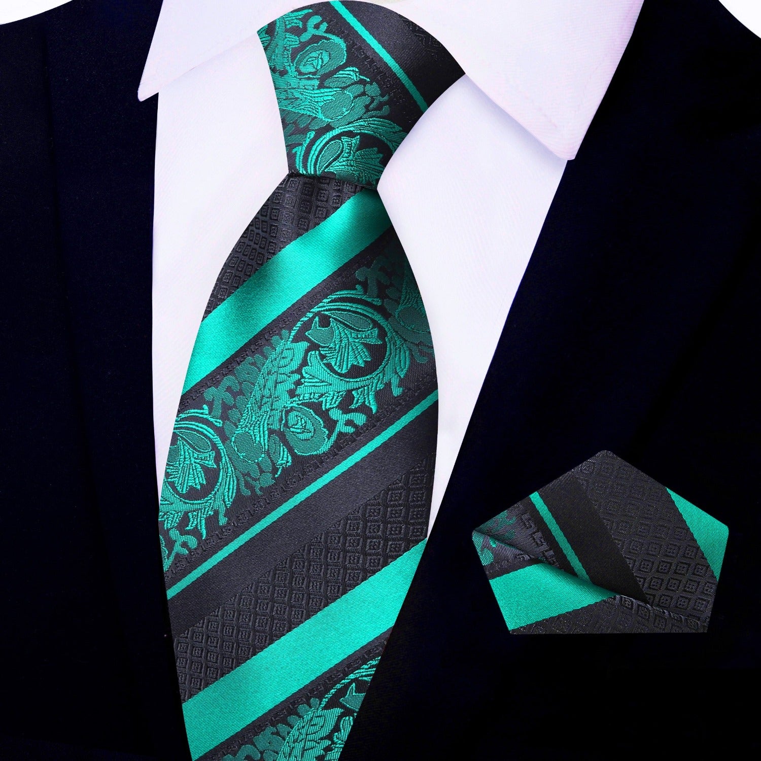 Model wearing the formal silk necktie with pocket square at a business meeting.