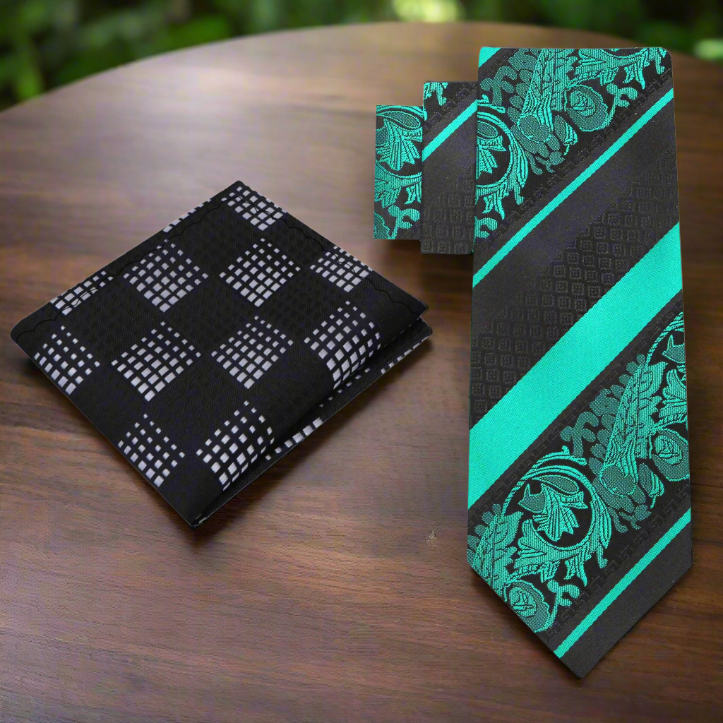Close-up of the rich green silk necktie showcasing its intricate floral pattern.