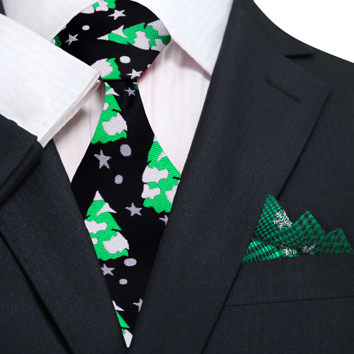 Close-up of fabric texture of Christmas tie showcasing snowflakes