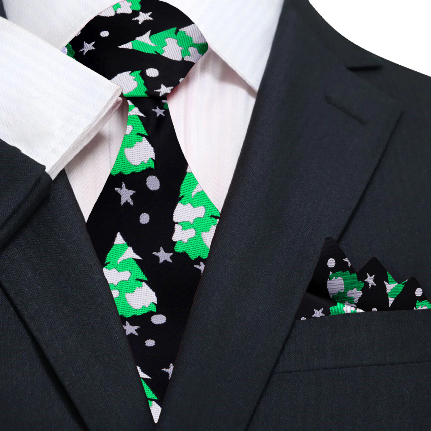 Front view of Snowfall Elegance Christmas Necktie with snowflakes and Christmas trees