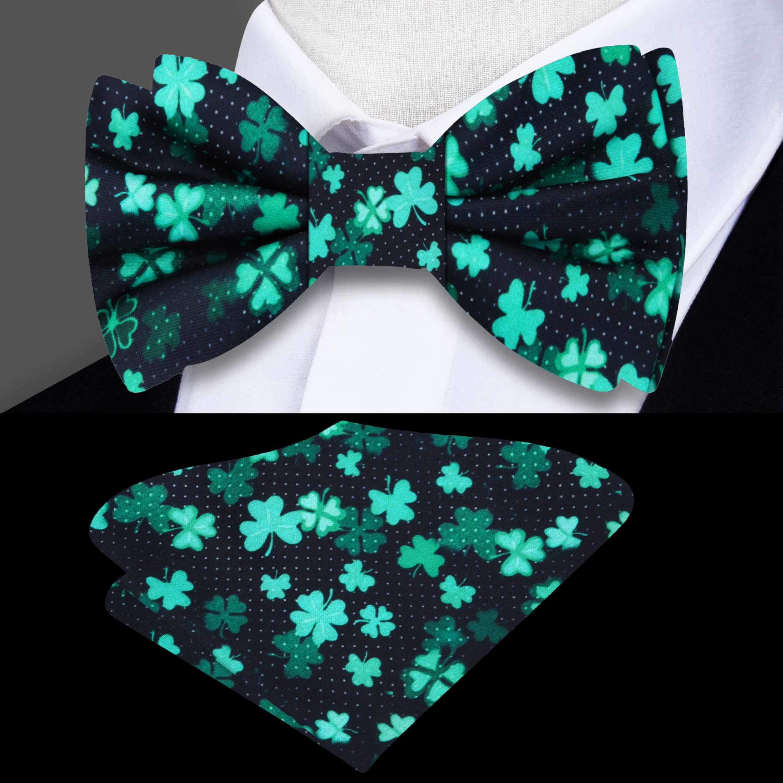 Close-up of the festive green and white bow tie for men, perfect for St. Patricks Day.