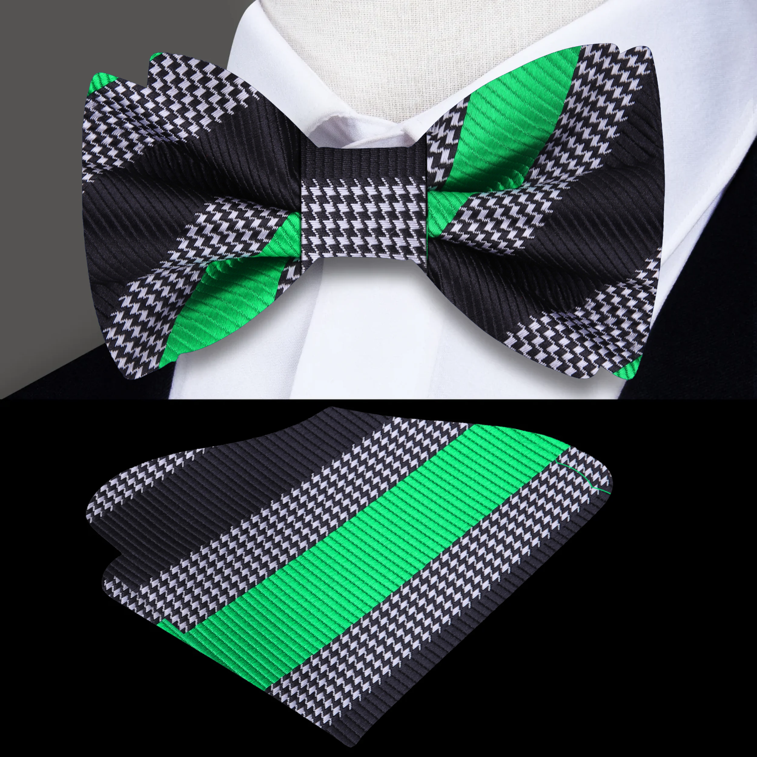 Elegant green and white striped silk bow tie on a dress shirt