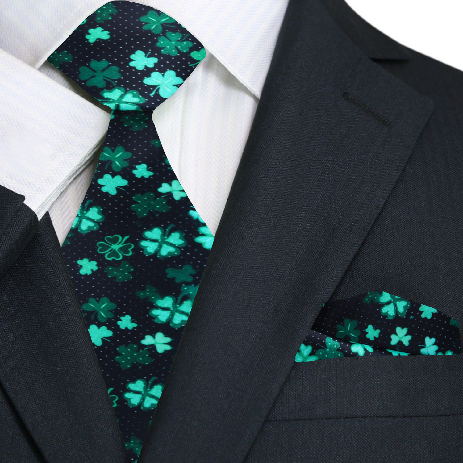 Stylish silk tie featuring a black and green four-leaf clover design, ideal for St. Patrick's Day celebrations.