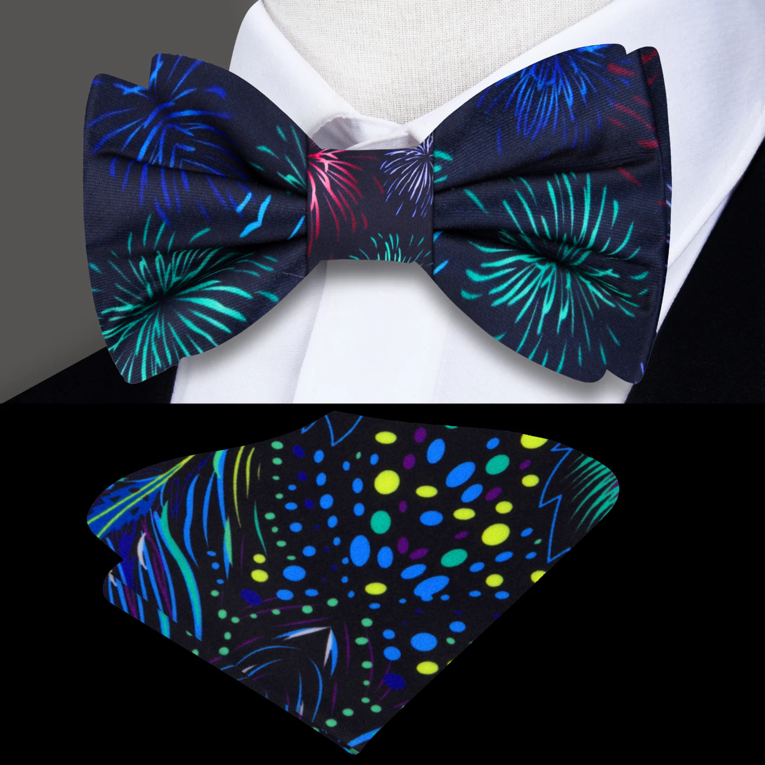 Close-up of the fireworks silk bow tie showcasing its vibrant colors and intricate design.