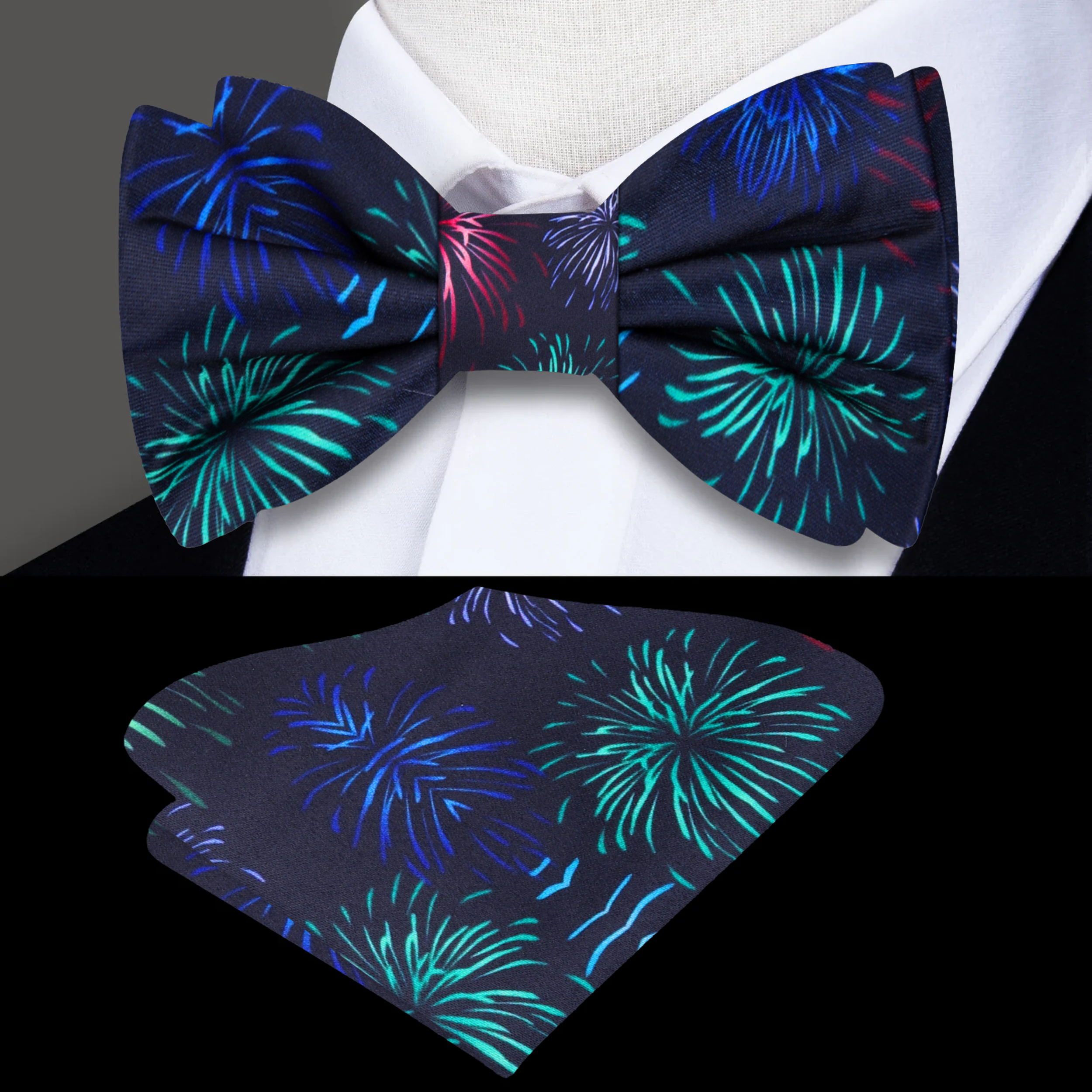 Fireworks silk bow tie displayed with a matching pocket square for a coordinated look.