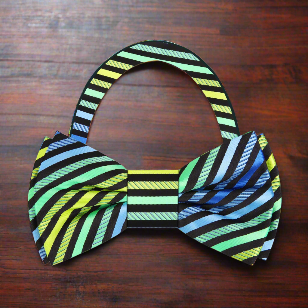 Close-up of vibrant stripe pattern silk bow tie for weddings