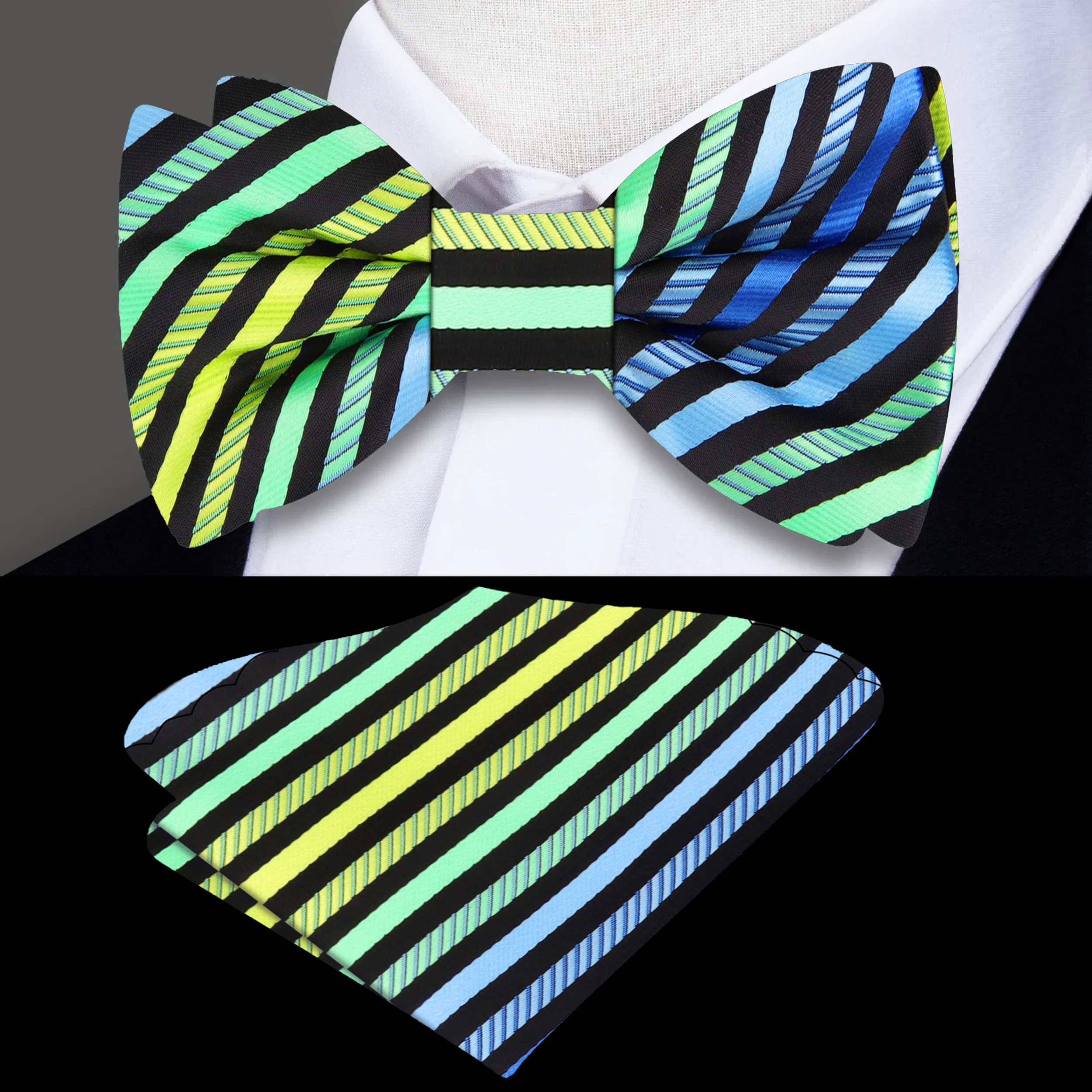 Silk bow tie with adjustable strap on a model