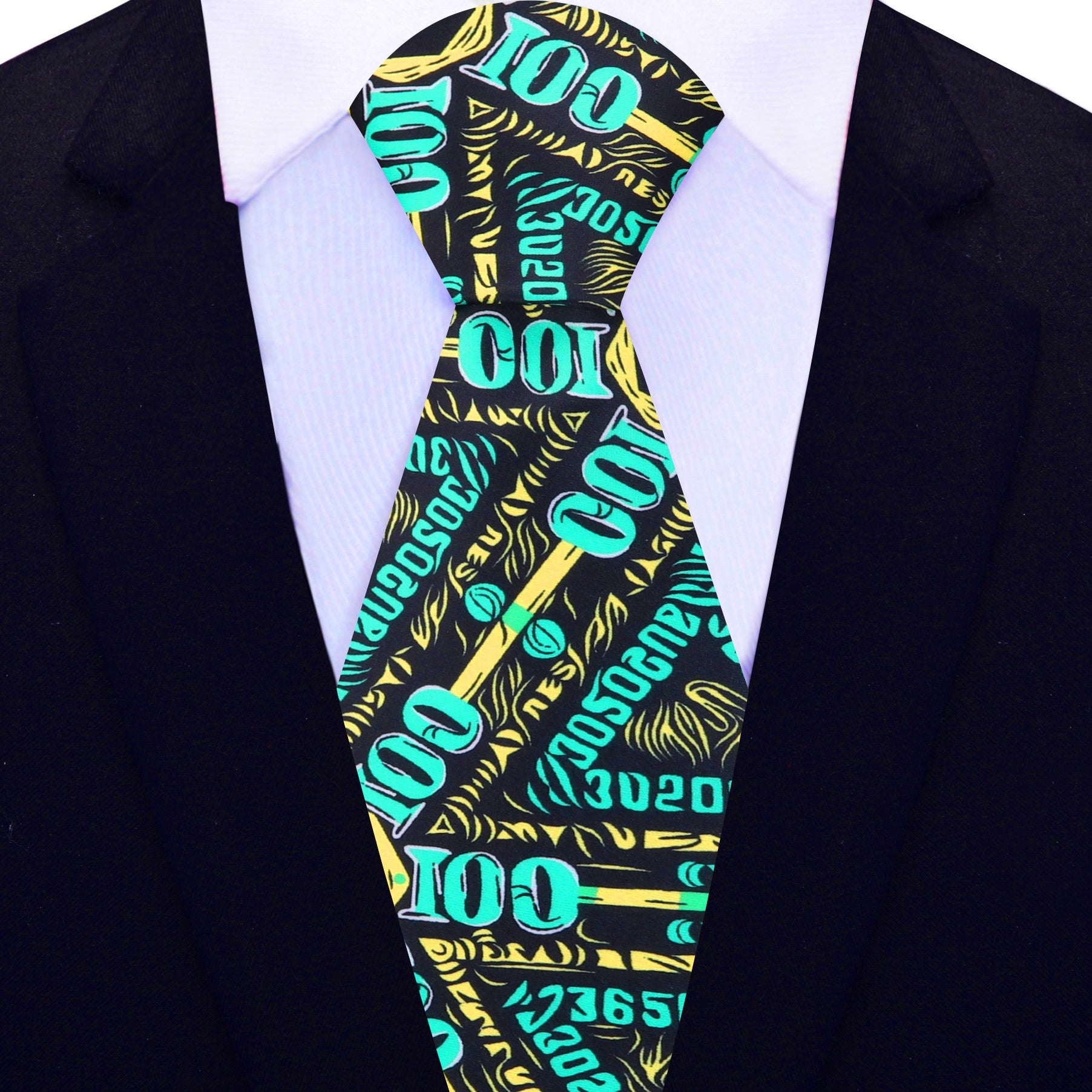 Close-up of the bold mens tie with green and yellow dollar bill designs against a black background, perfect for casino night.