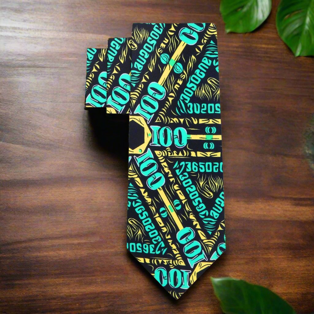 Close-up of the bold mens tie with green and yellow dollar bill designs against a black background, perfect for casino night.