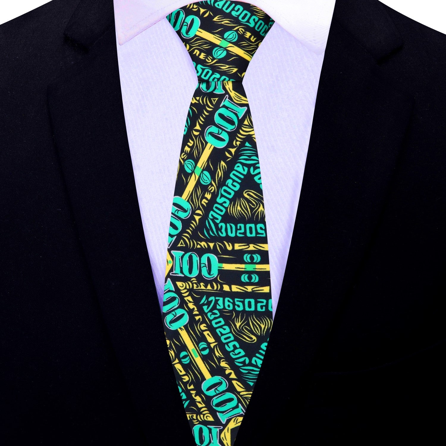 Dollar Dreams Bold Silk Necktie showcasing luxurious silk and vibrant dollar print patterns, ideal for networking events.