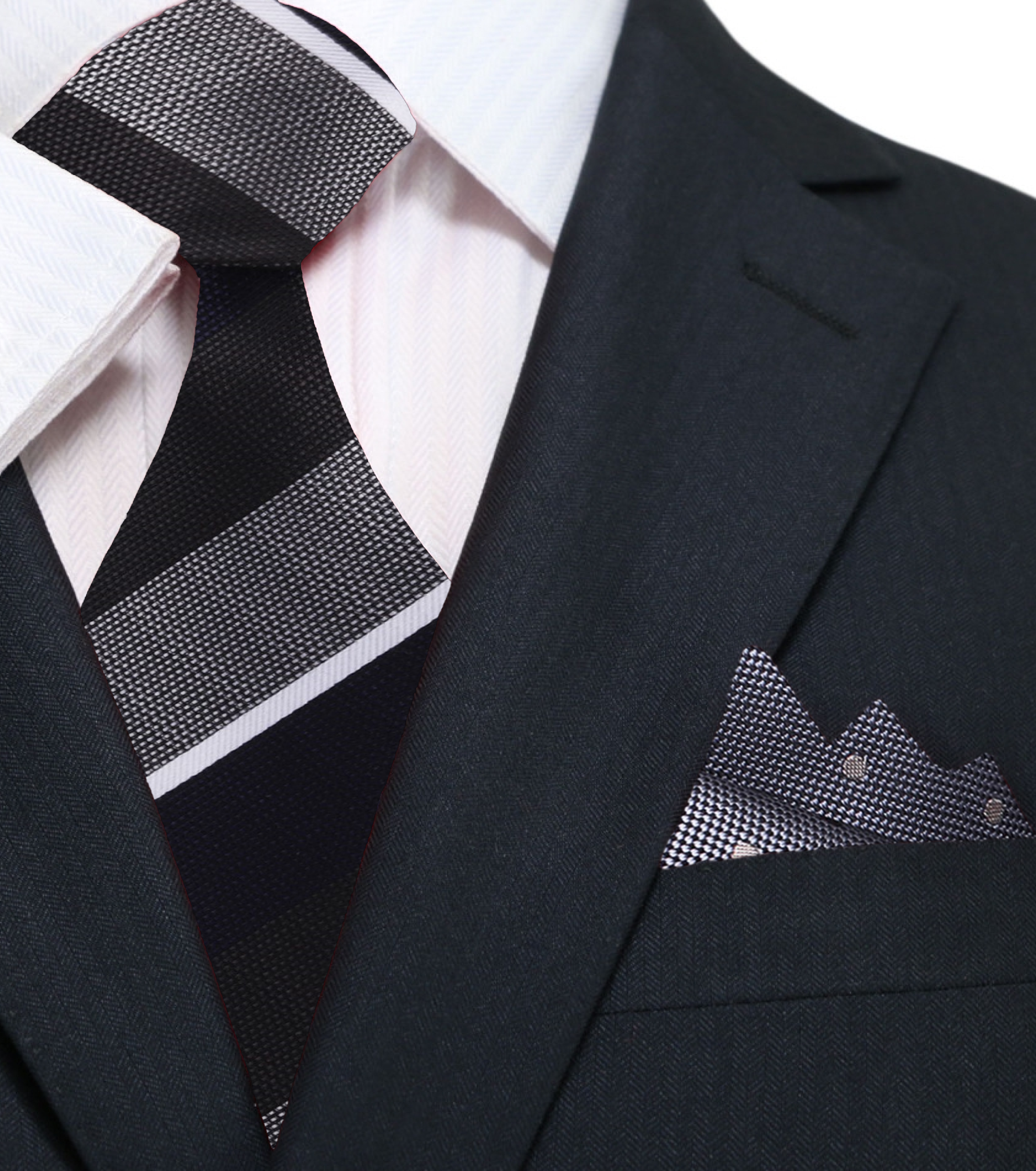 Velmore striped necktie styled with a charcoal suit and white shirt—perfect elegant necktie for weddings.