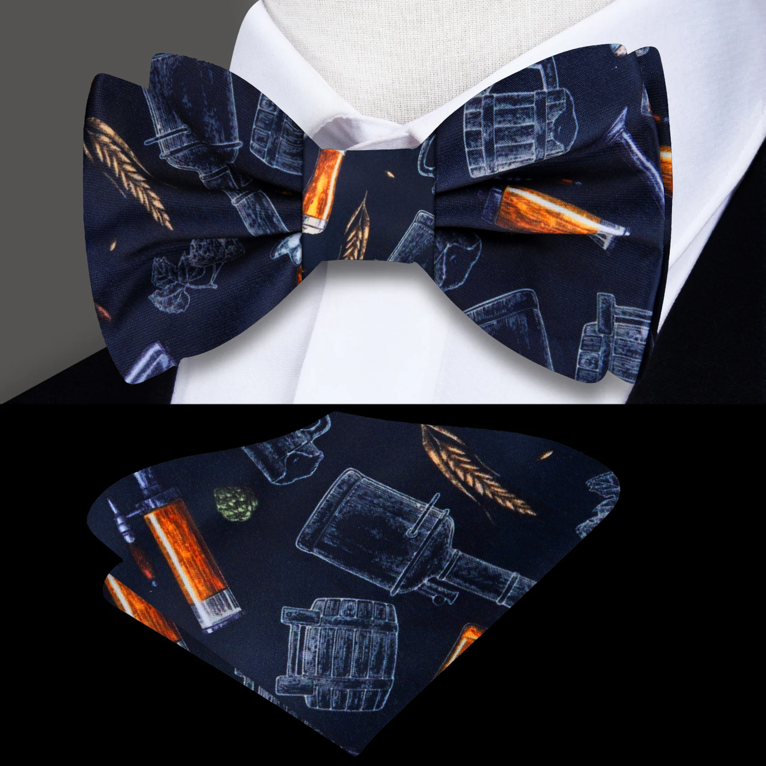 Close-up of a craft beer-themed bow tie in black and amber hues