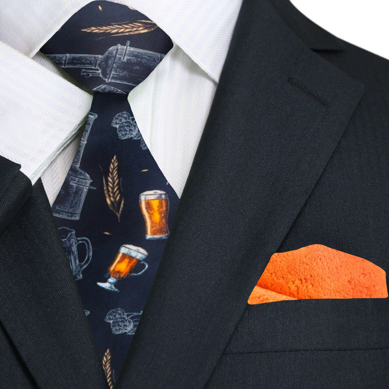Man wearing stylish beer-themed silk necktie at a festival