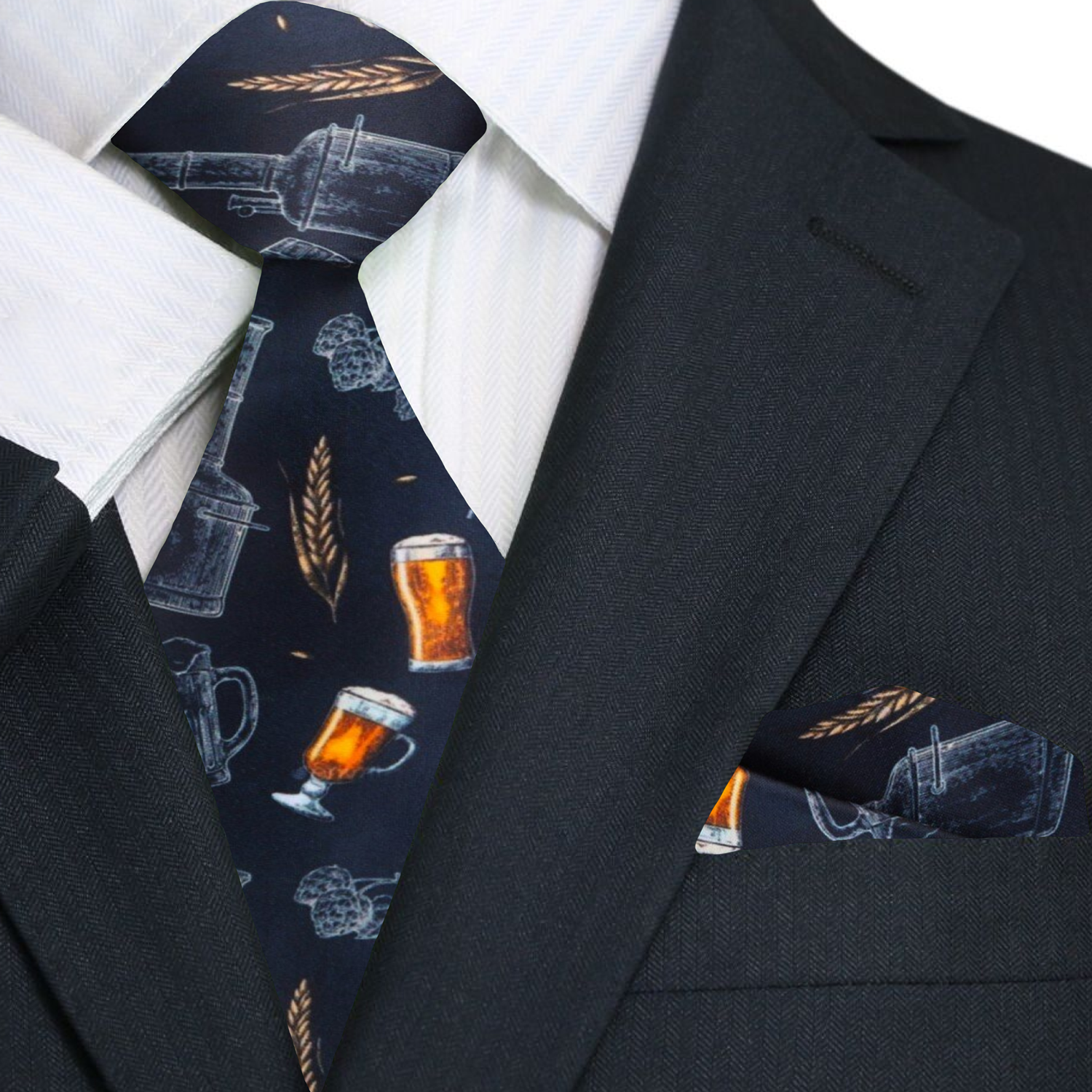 Man wearing stylish beer-themed silk necktie at a festival