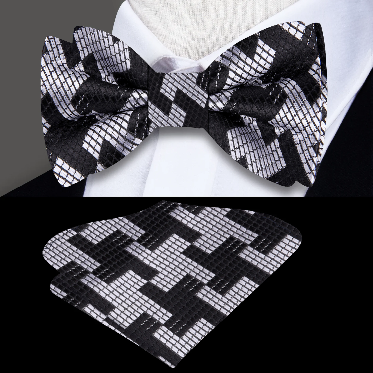 Model wearing a silk houndstooth bow tie with a classic white dress shirt