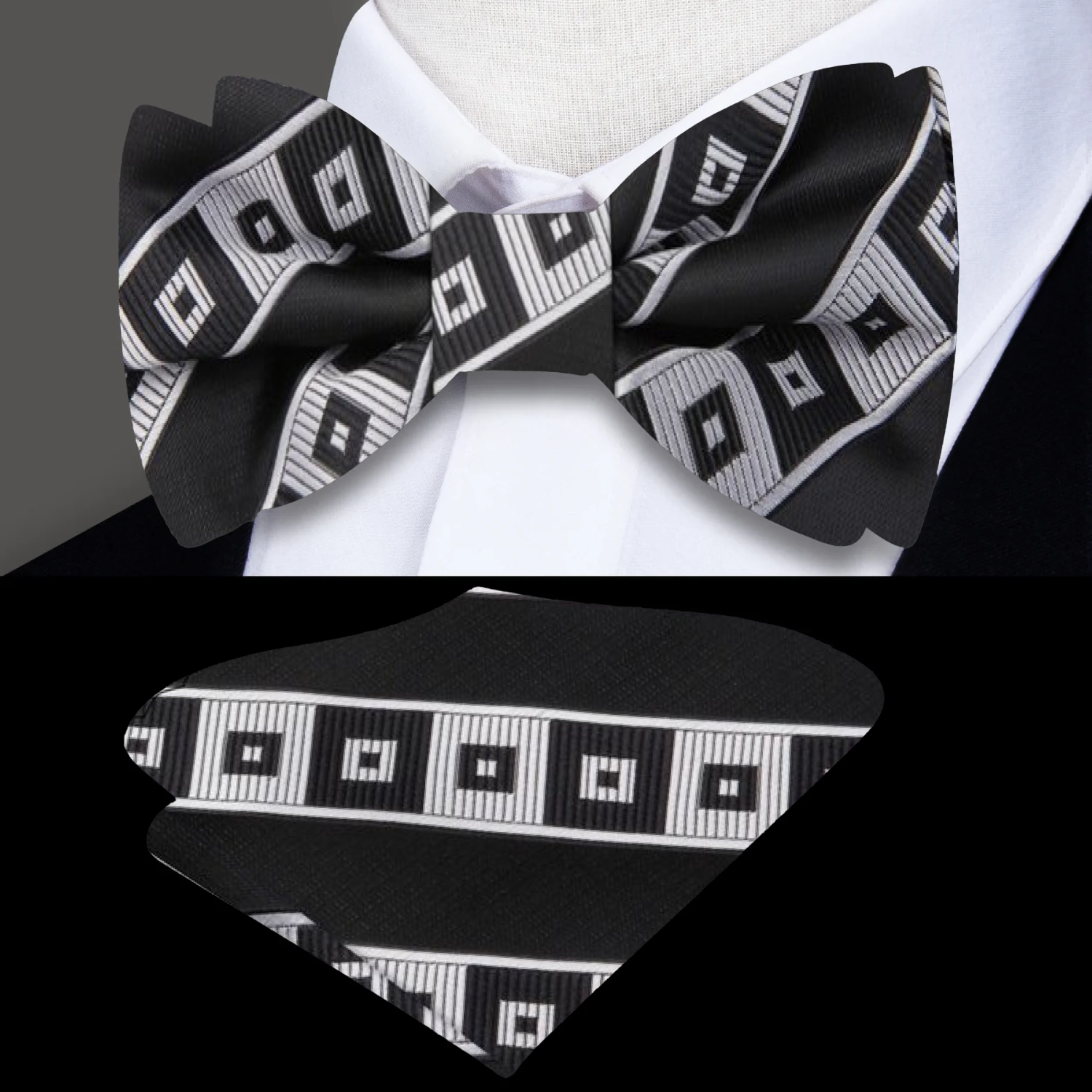 Close-up of a silk bow tie with geometric pattern on a white dress shirt
