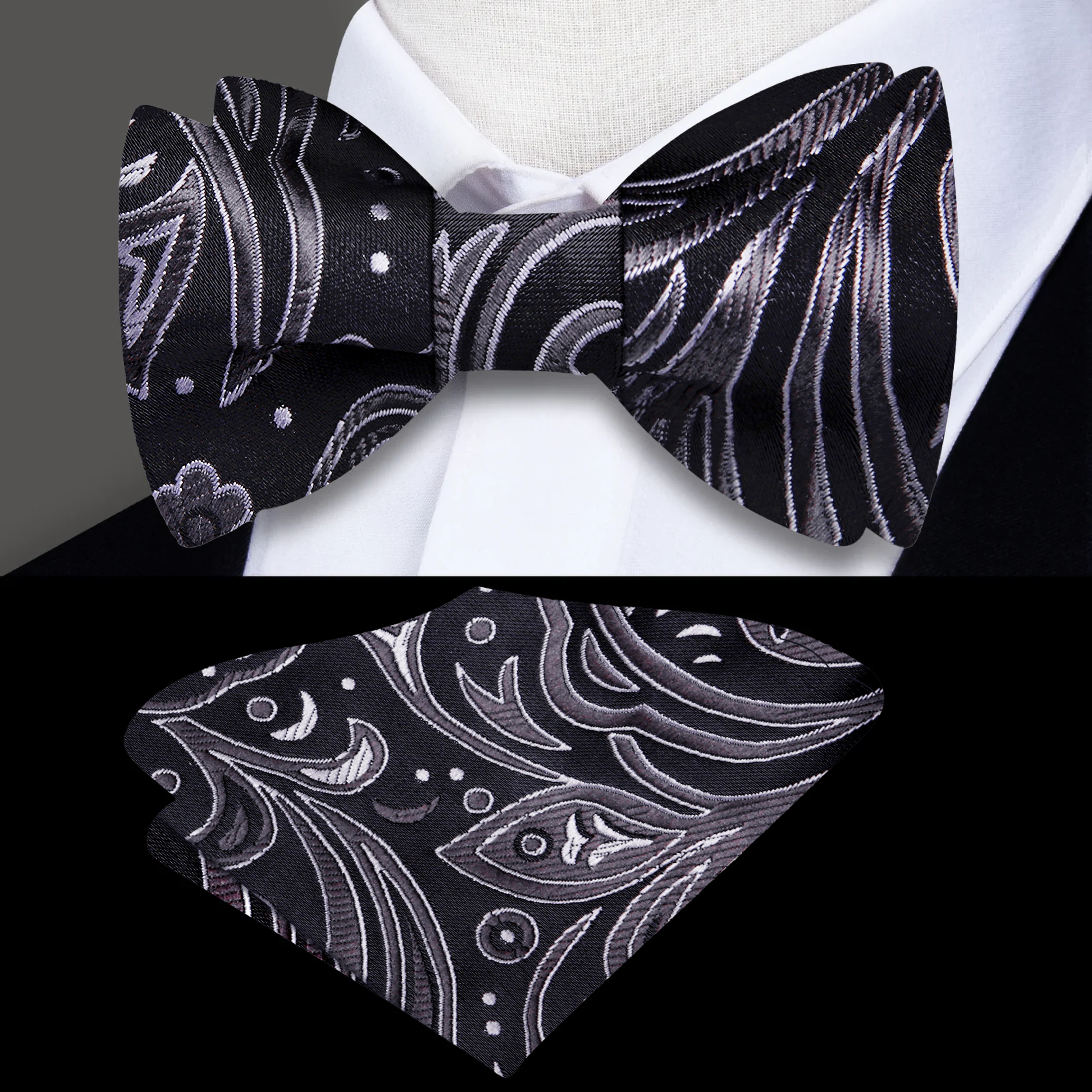Elegant paisley silk bow tie in white on models neck for formal occasion