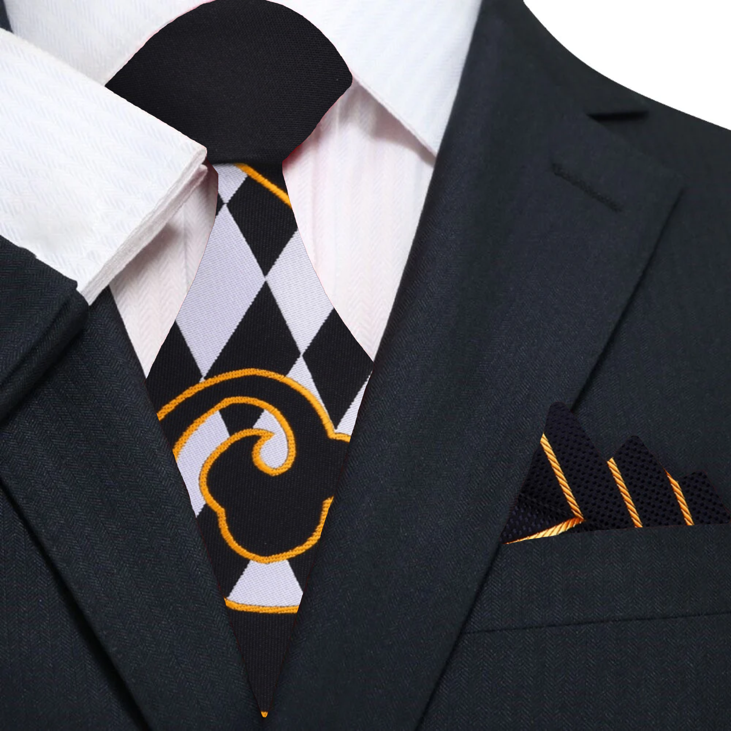 Man wearing silk necktie with checkered pattern and paisley design for wedding