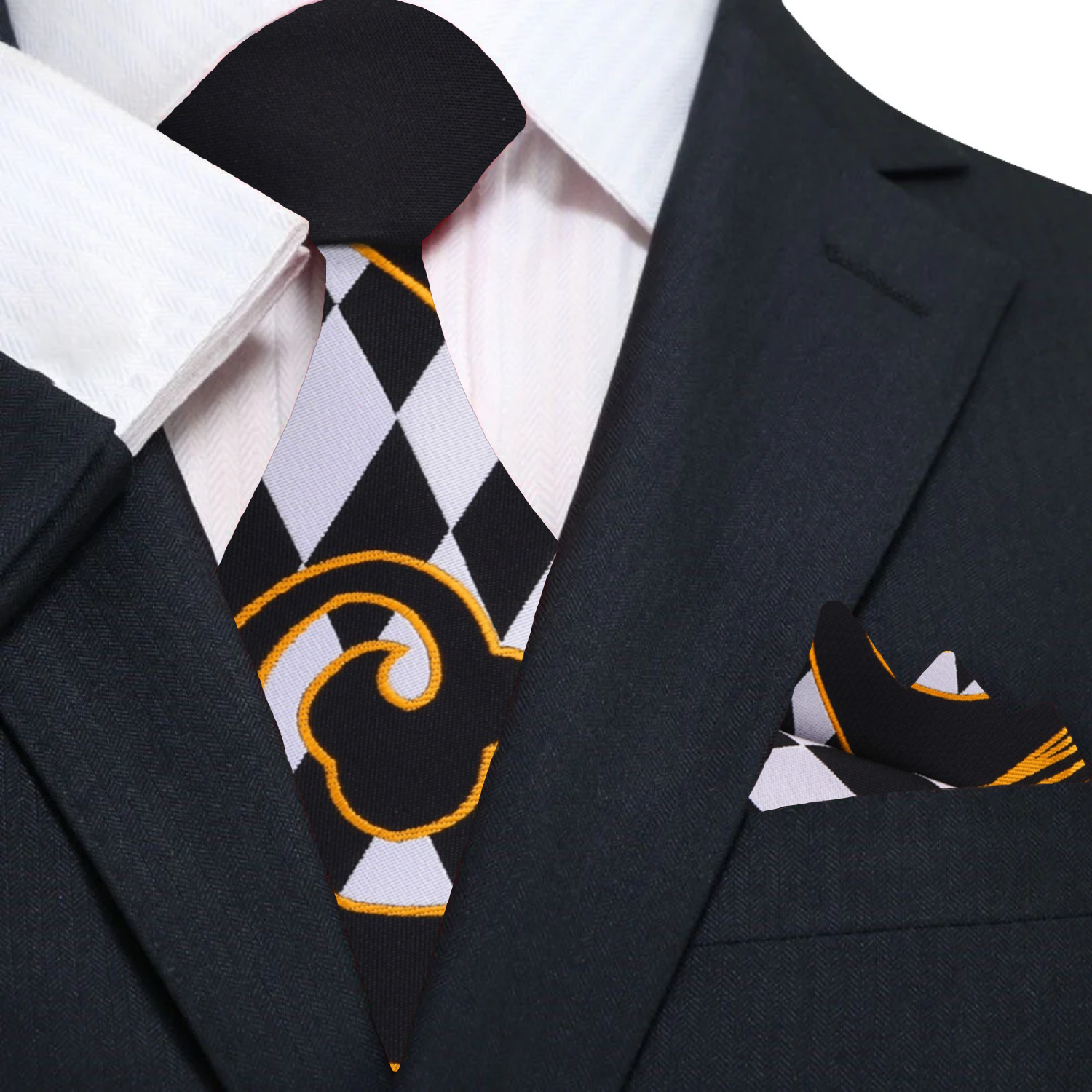 Stylish mens necktie with black and white checkers and gold accents, suitable for formal events