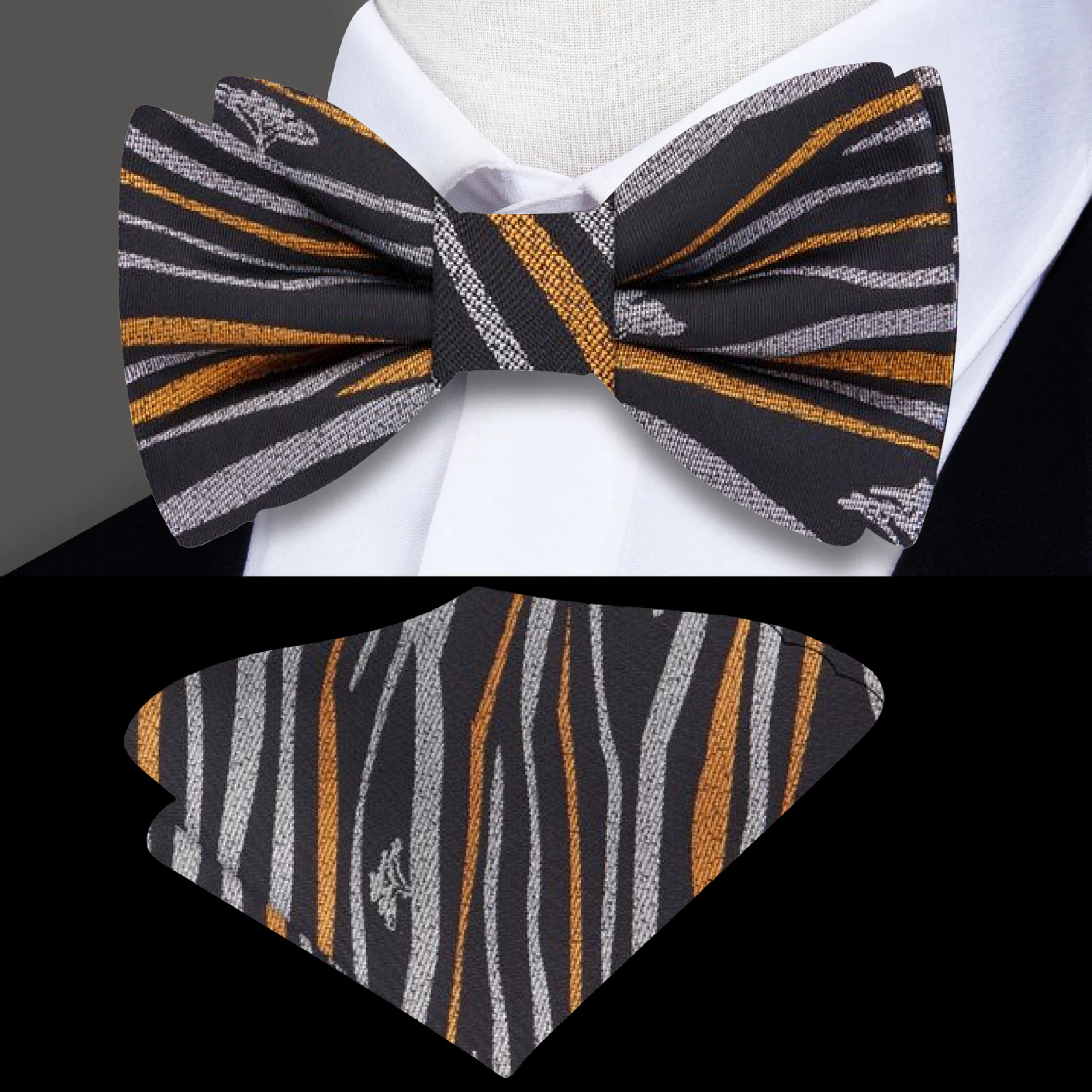Close-up of elegant silk bow tie with horizon pattern for formal events