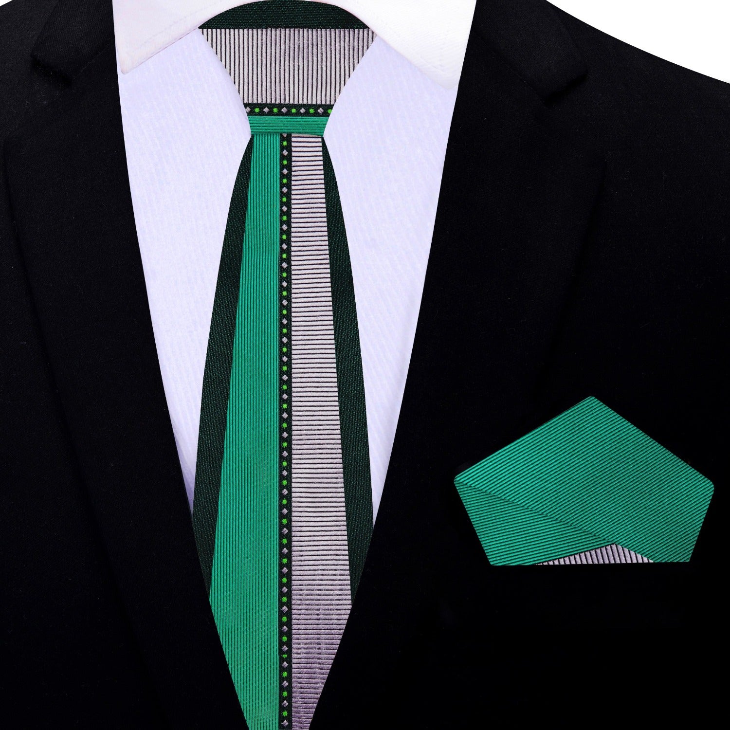 Mens silk tie styled with suit and pocket square for formal events