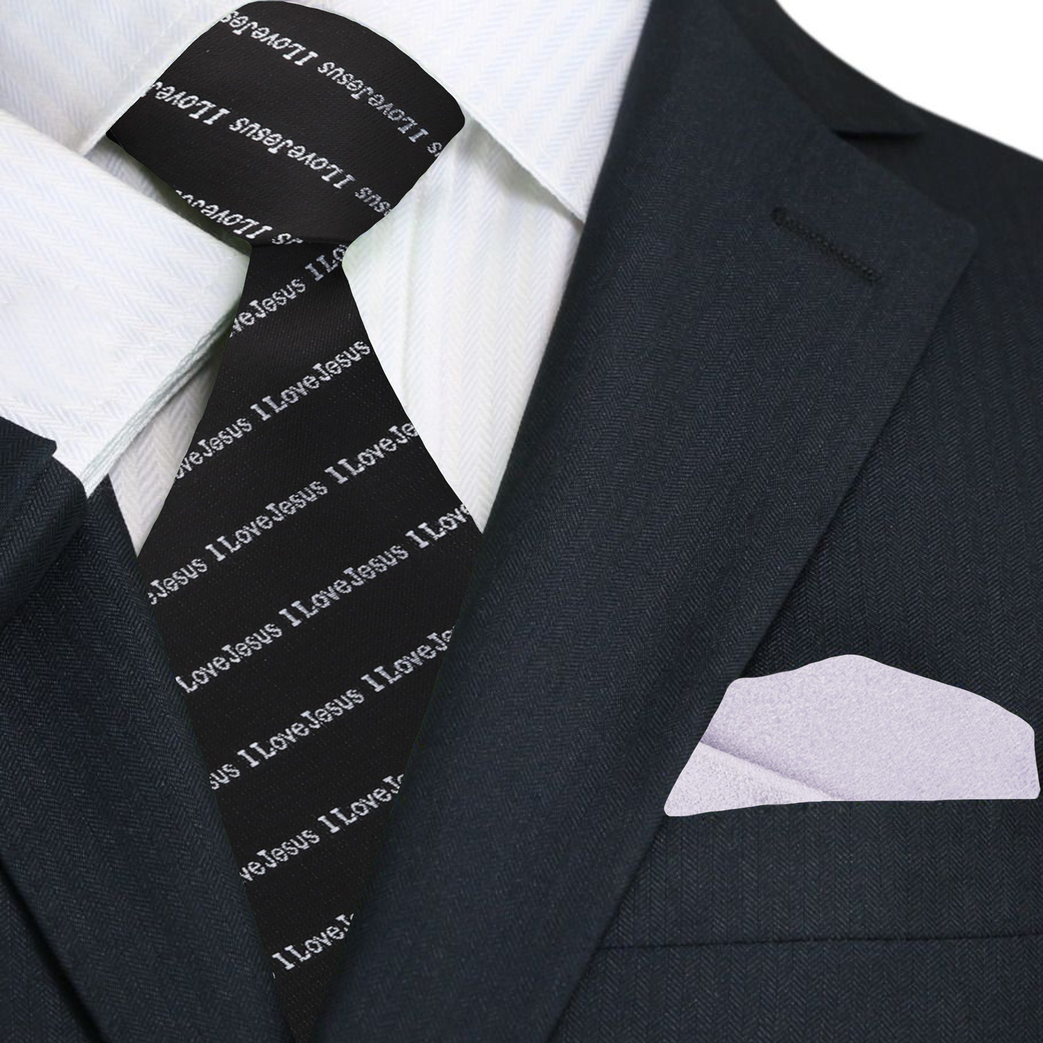 Man wearing the I Love Jesus necktie at a church service, highlighting its inspirational design.