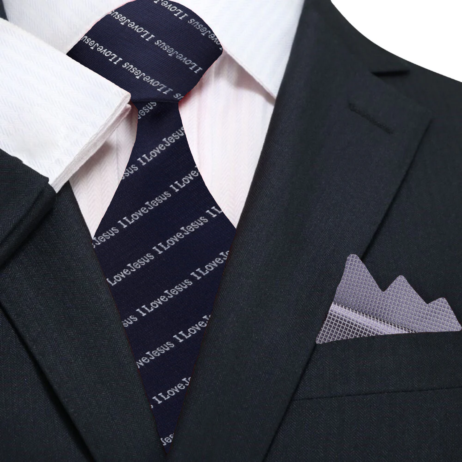 Elegant blue silk necktie paired with a navy suit, showcasing sophisticated faith neckwear.