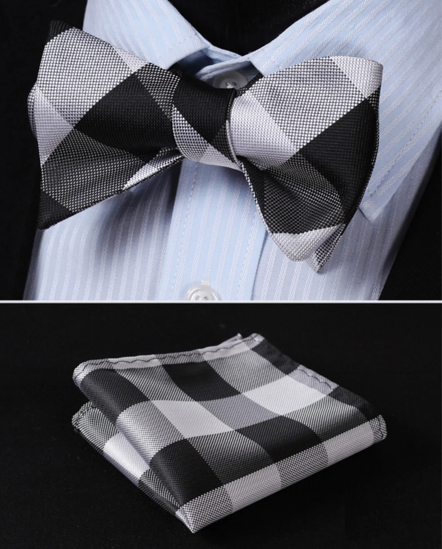 Man adjusting a vibrant plaid self-tie bow tie with a classic suit for a formal event