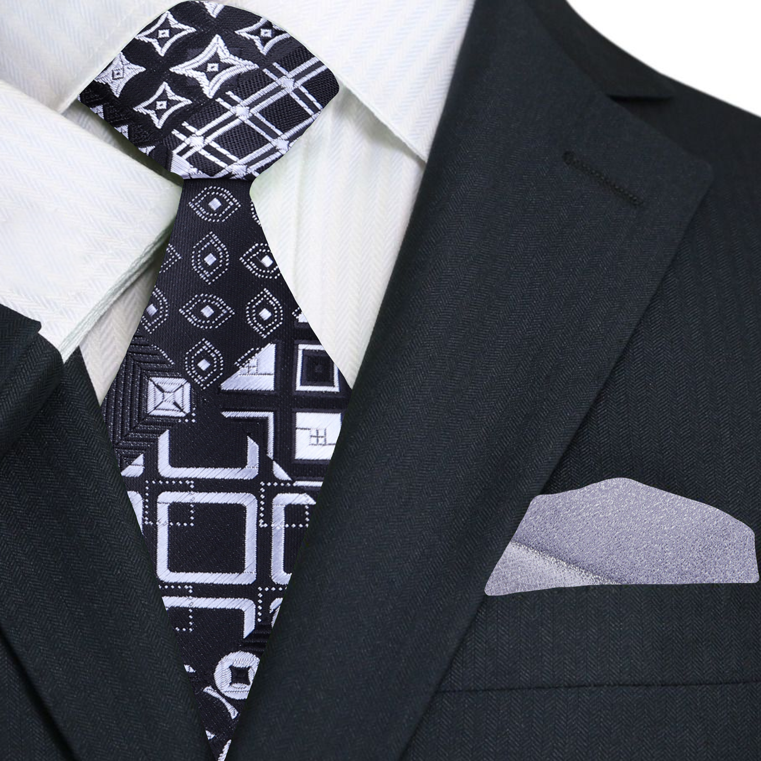 Front view of the stylish mens geometric pattern silk tie in red and black