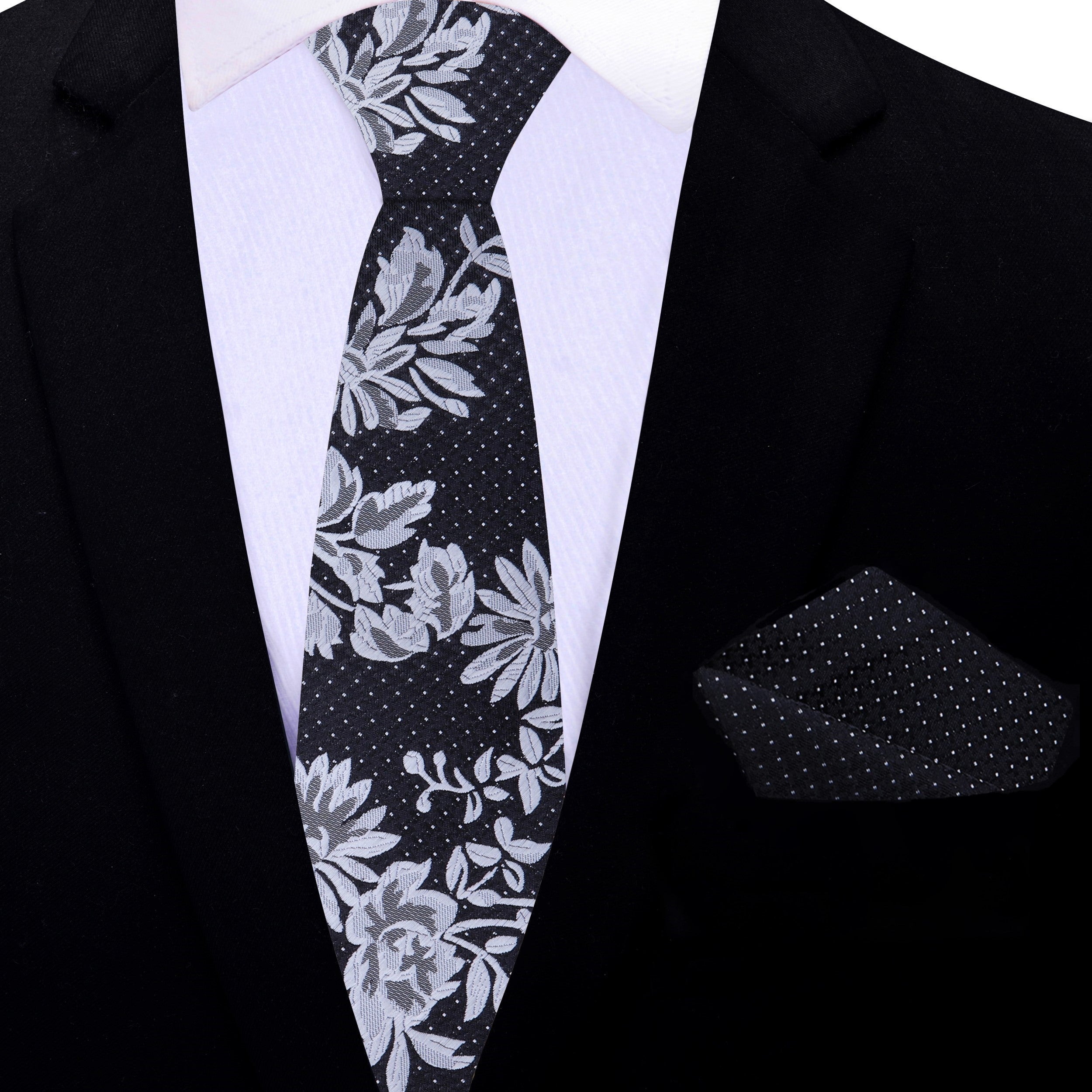 Elegant floral necktie for formal dinner with black suit and white shirt