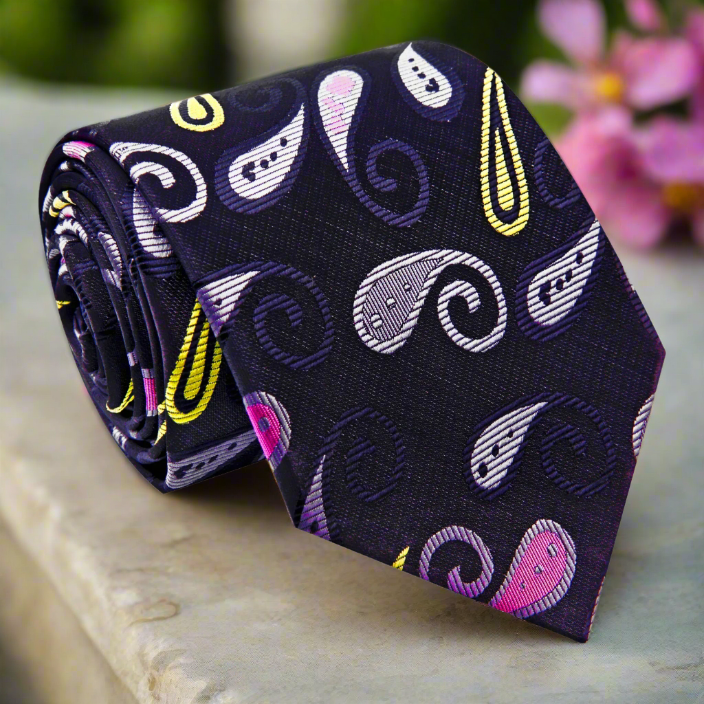 Close-up view of the elegant black paisley silk necktie showcasing intricate designs in silver, pink, and yellow.