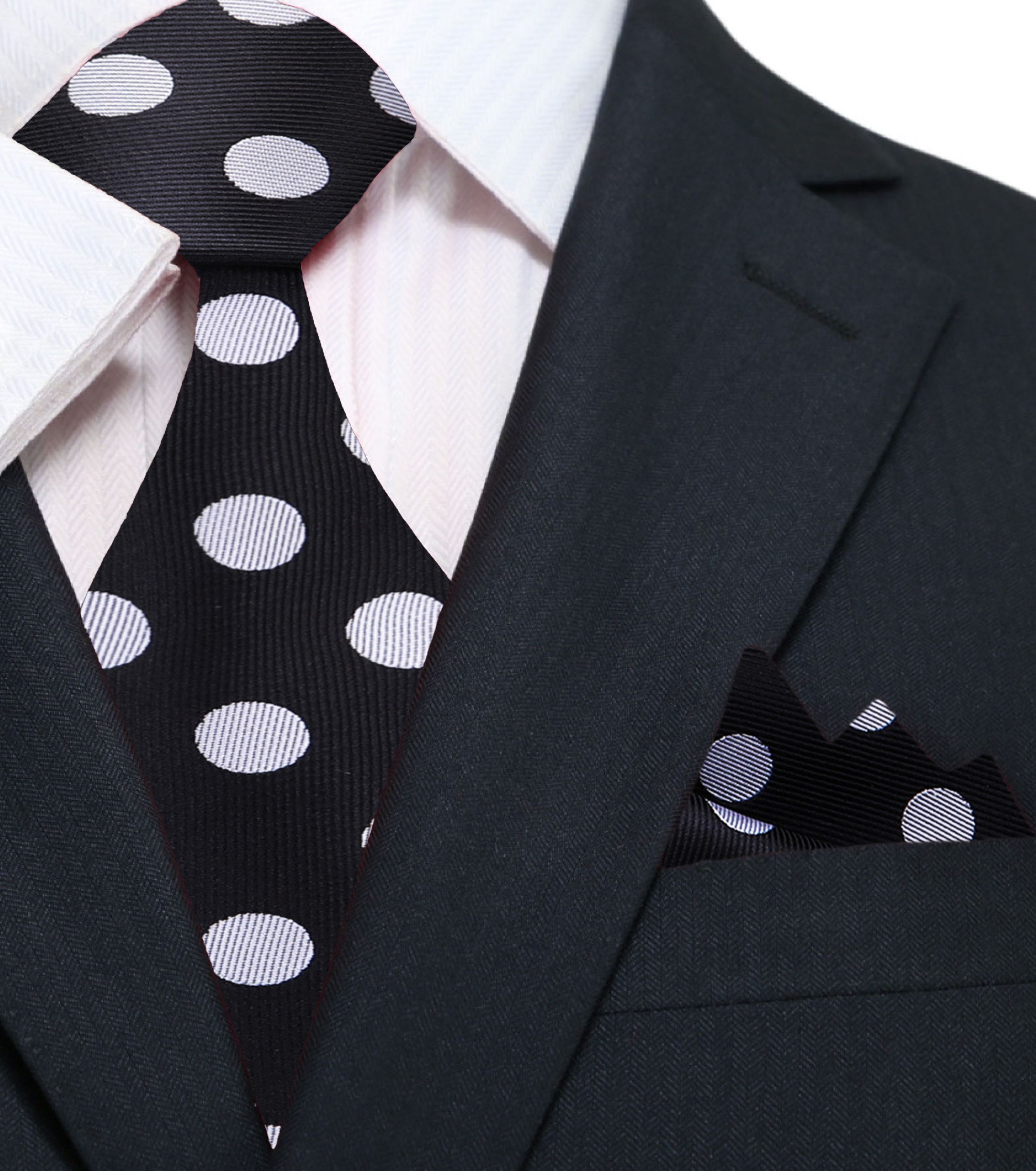 Model wearing a light blue dress shirt paired with a polka dot tie, ideal for the office.