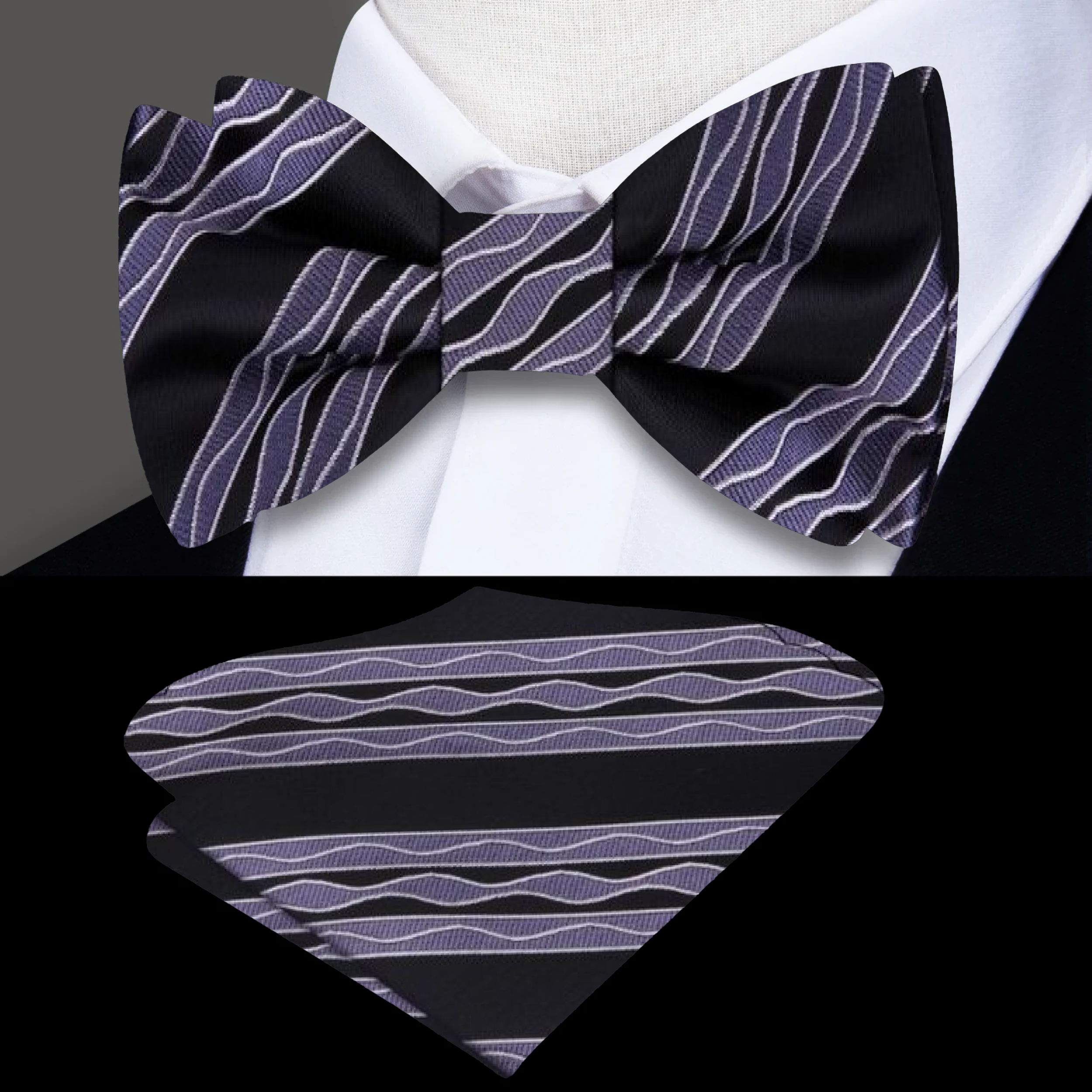 Close-up of a blue silk bow tie with wavy design, perfect for weddings