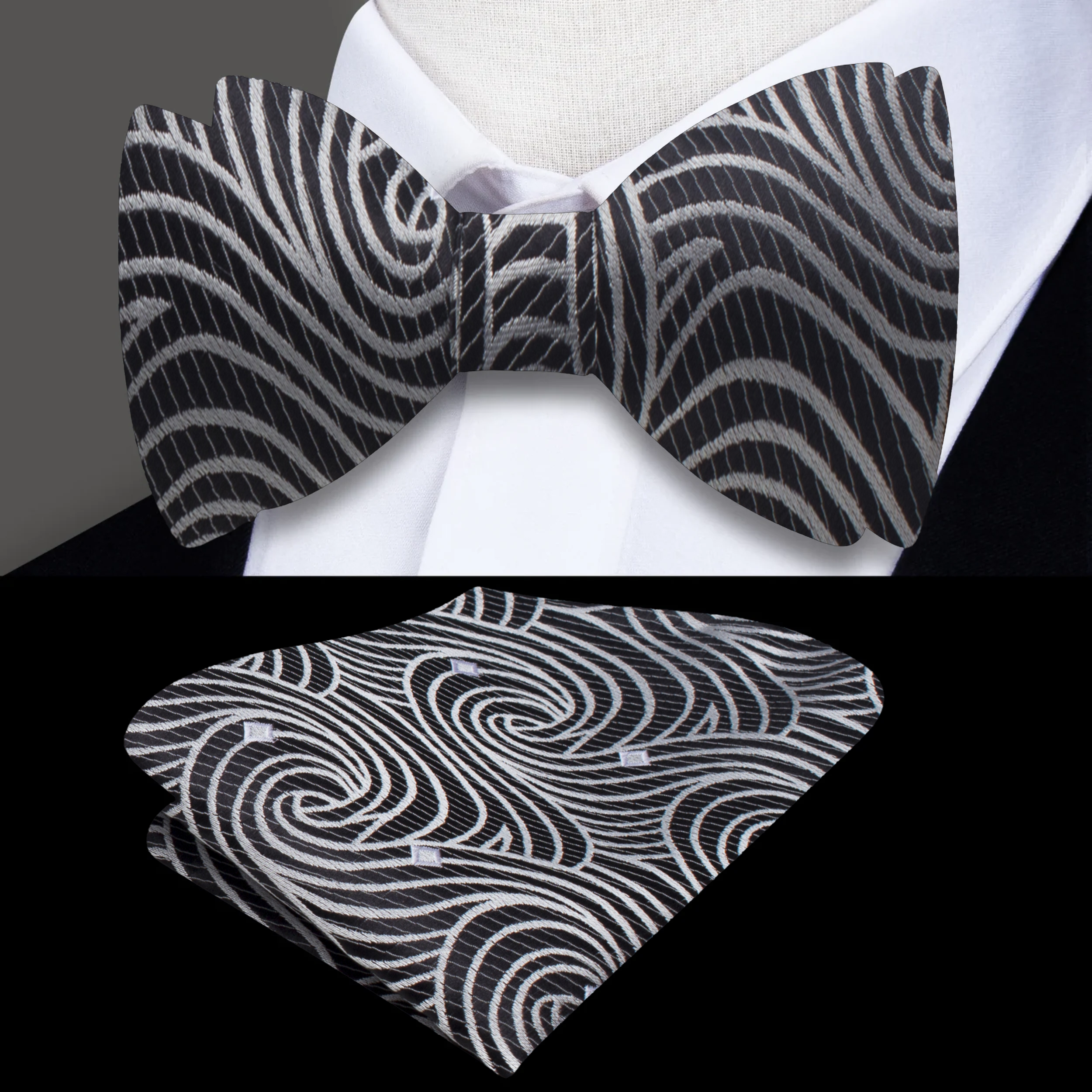 Close-up of the intricate swirling lines on a luxury silk bow tie