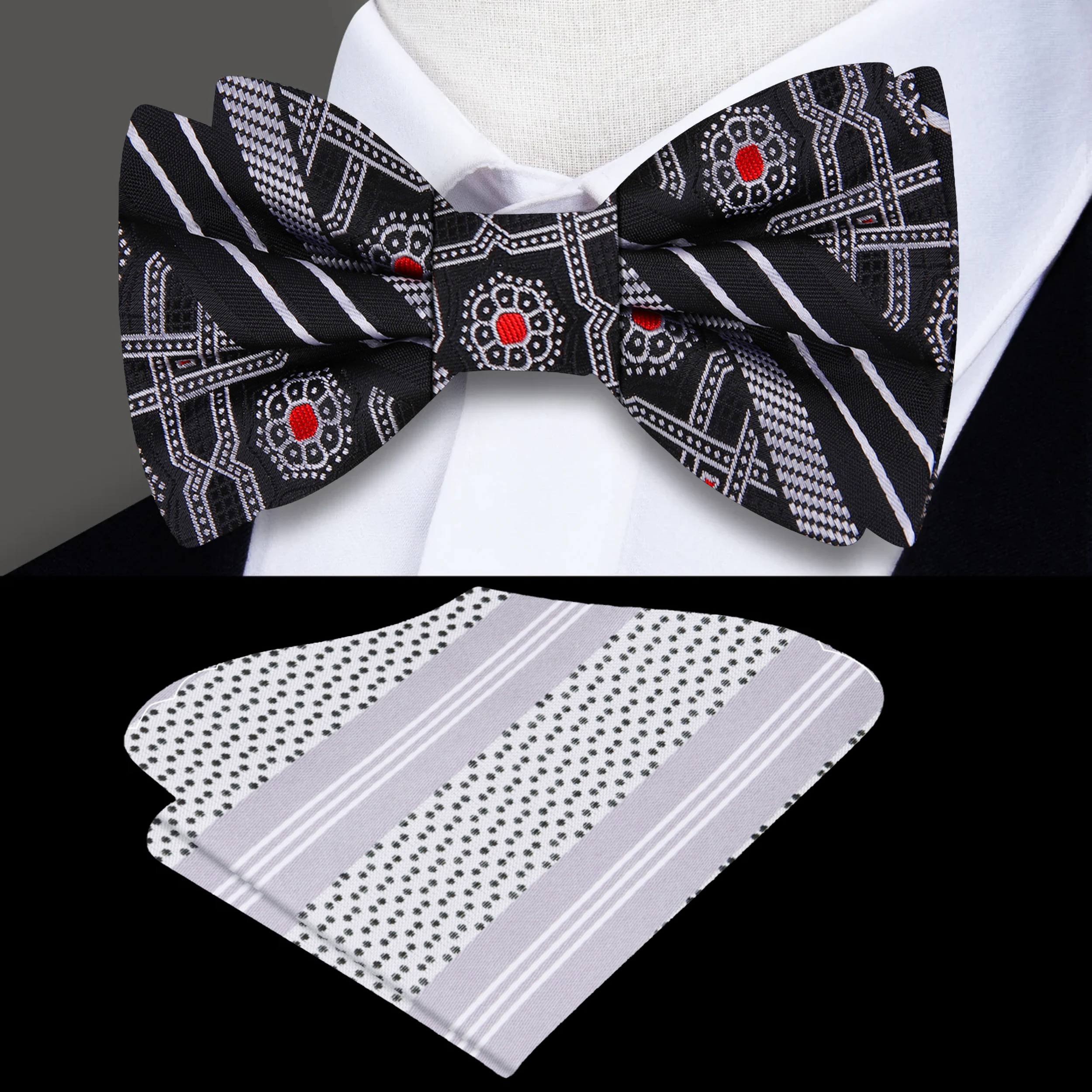 Front view of the silk geometric abstract bow tie in black and red for formal events