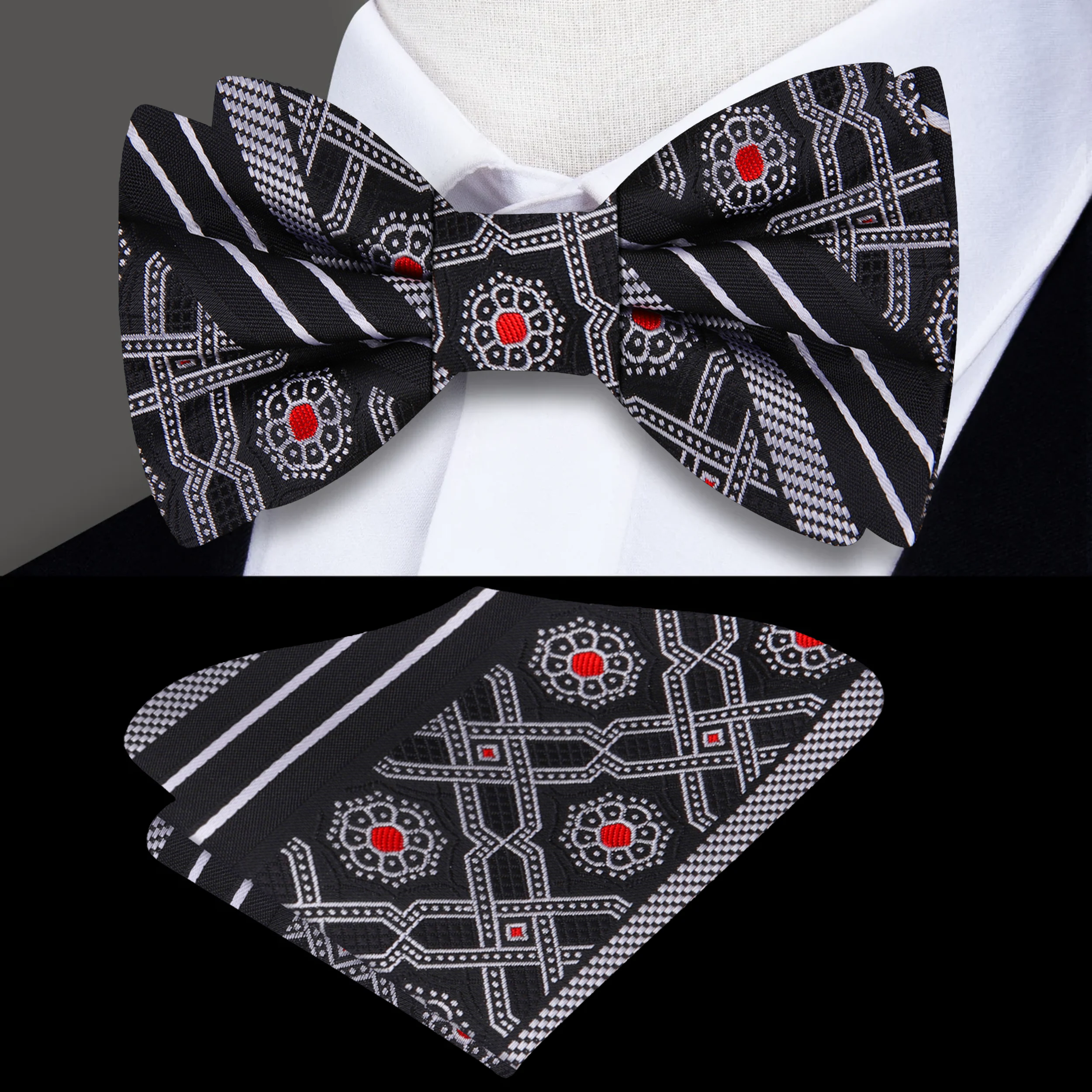 Model wearing a stylish mens bow tie with a white dress shirt at a wedding