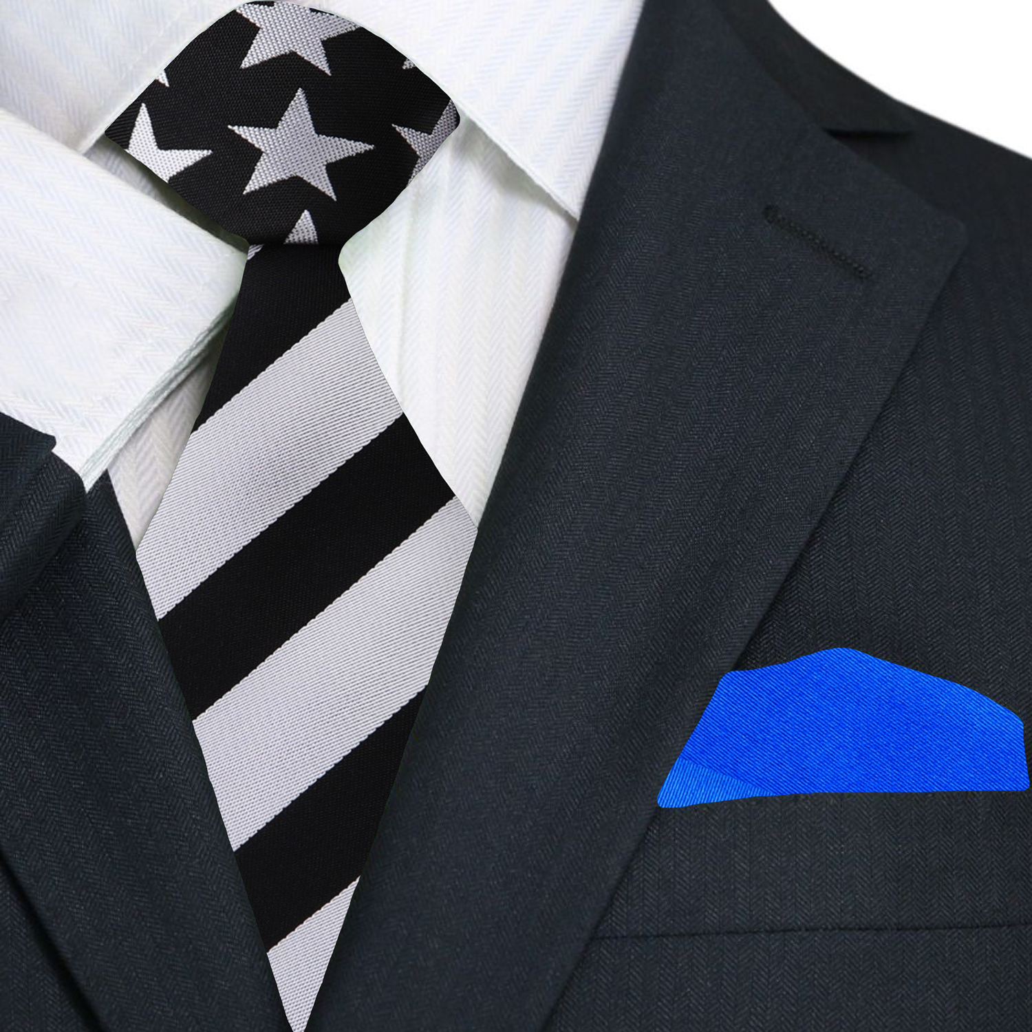 Stars and Stripes Patriotic Silk Tie worn with a white dress shirt and navy suit for a formal look.